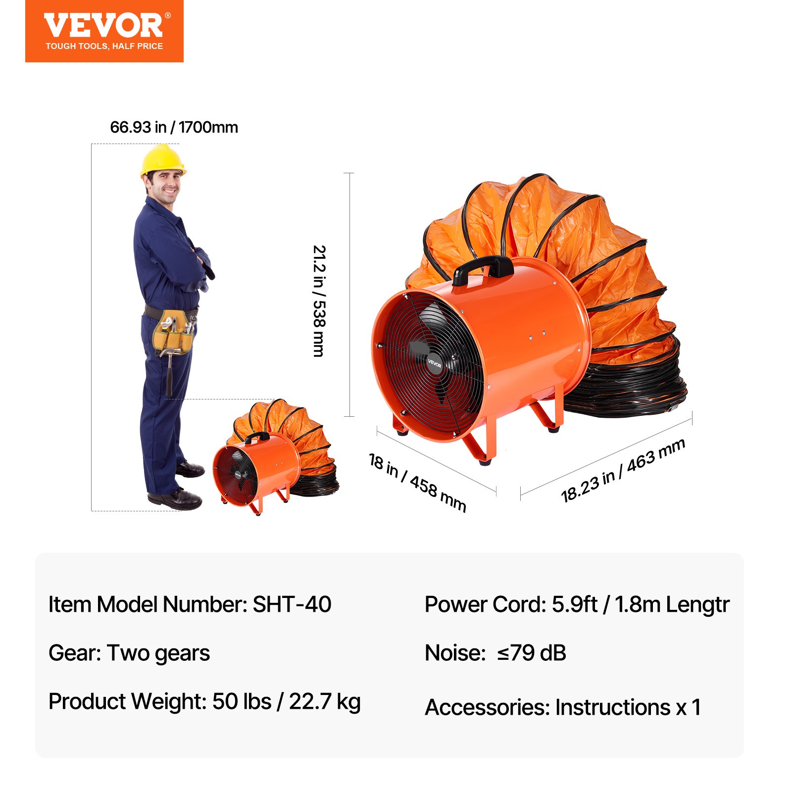 VEVOR 16″ Extractor Fan Blower Portable 10m Duct Hose Ventilator Industrial