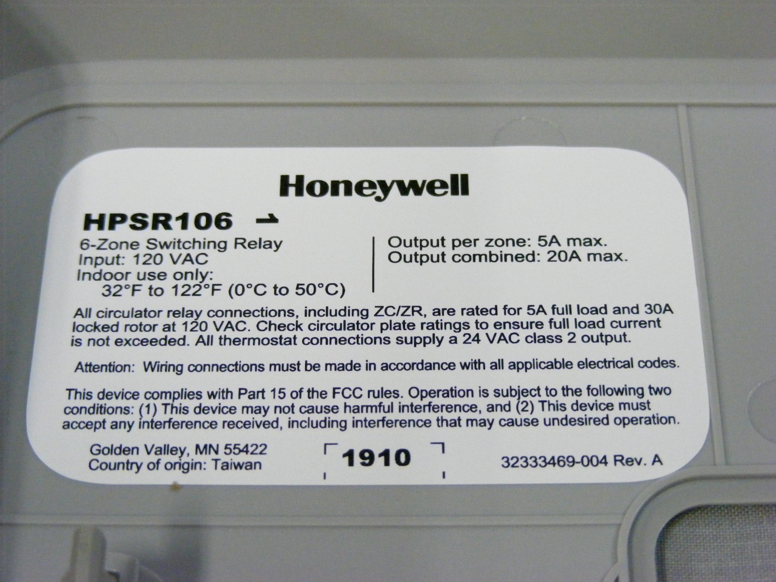 Honeywell HPSR106 Hydronic Pro 6 Zone Switching Relay Panel Heating Boiler
