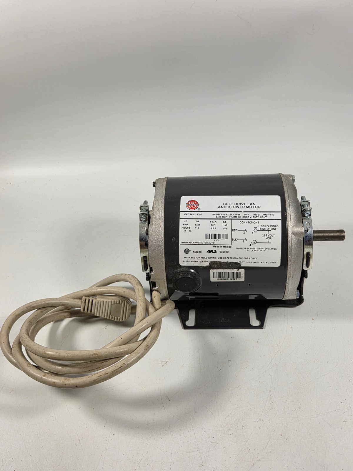 US Motors Belt Drive Fan & Blower Motor SA55JXSFA-4865 1/4 HP 1725 RPM 60 Hz