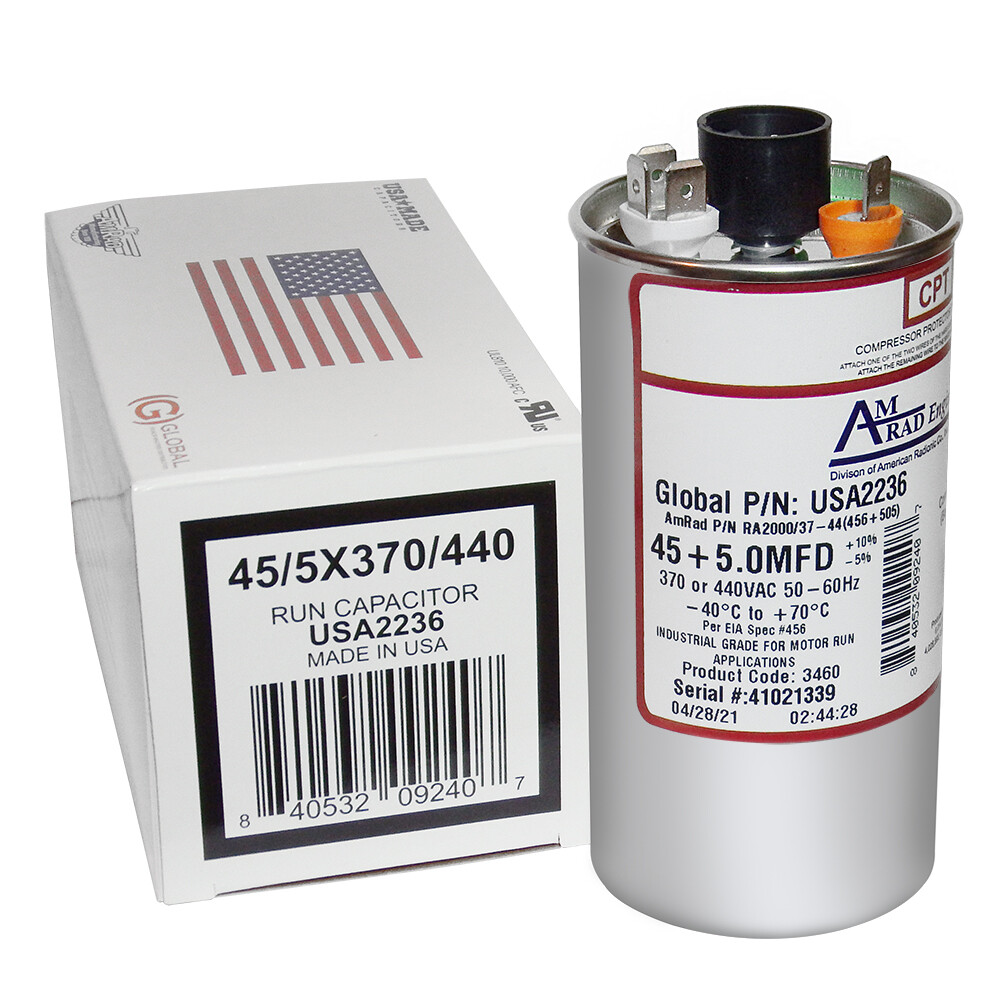 45 + 5 uF MFD x 370 / 440 VAC Motor Run Capacitor AmRad USA2236 – Made in USA