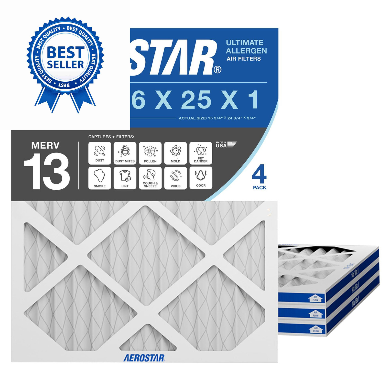 Aerostar 16x25x1 MERV 13 – 4 Count – Pleated HVAC, Furnace & 4 PACK, White