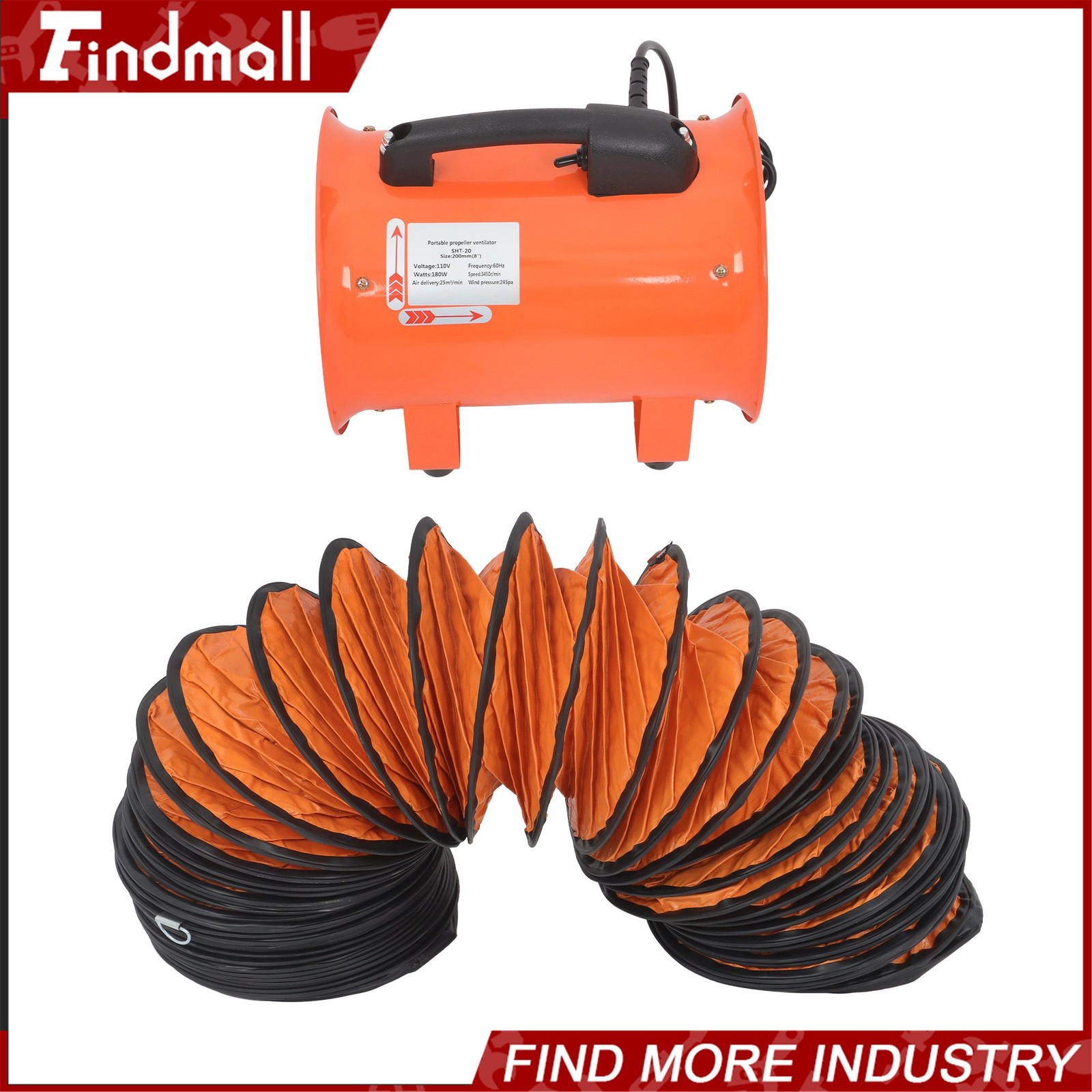 Findmall 8 Inch Portable Blower Fan 180W 900CFM 3450RPM with 33 Ft Duct Hose
