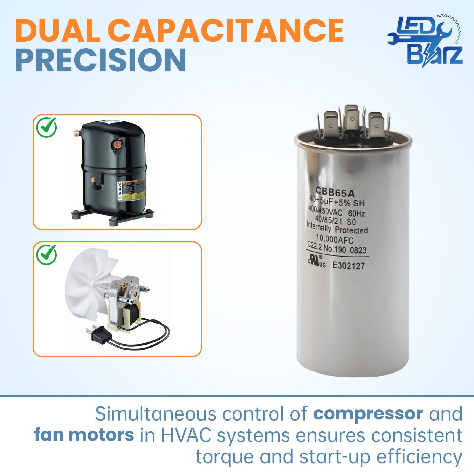 40 + 5 uF 40 + 5 MFD 440 VAC Dual Run Round Start Capacitor – Trane CPT00668…