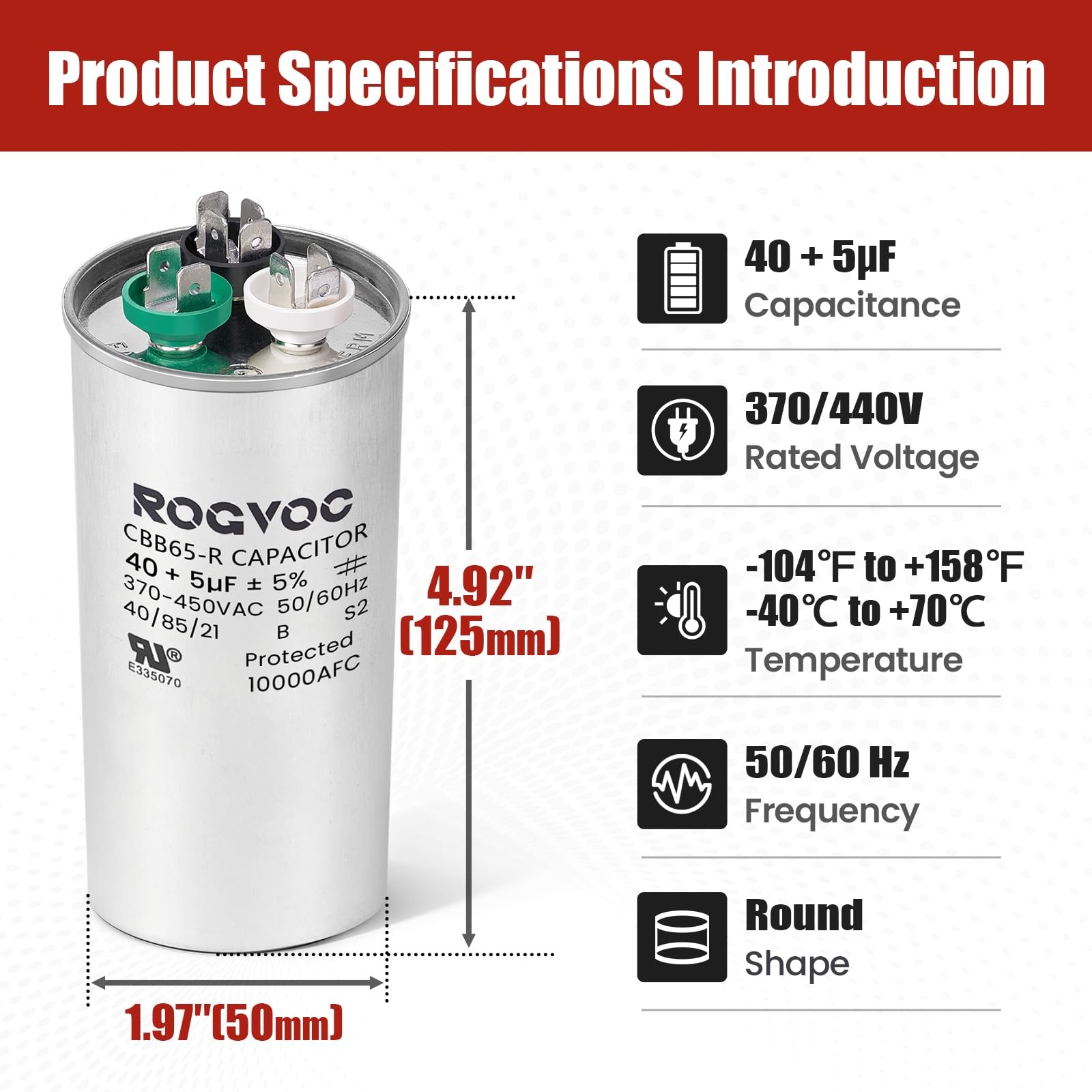 40+5 uF 40/5 MFD ±5% 370/440V CBB65 UL Certified AC Capacitor, Round Start…