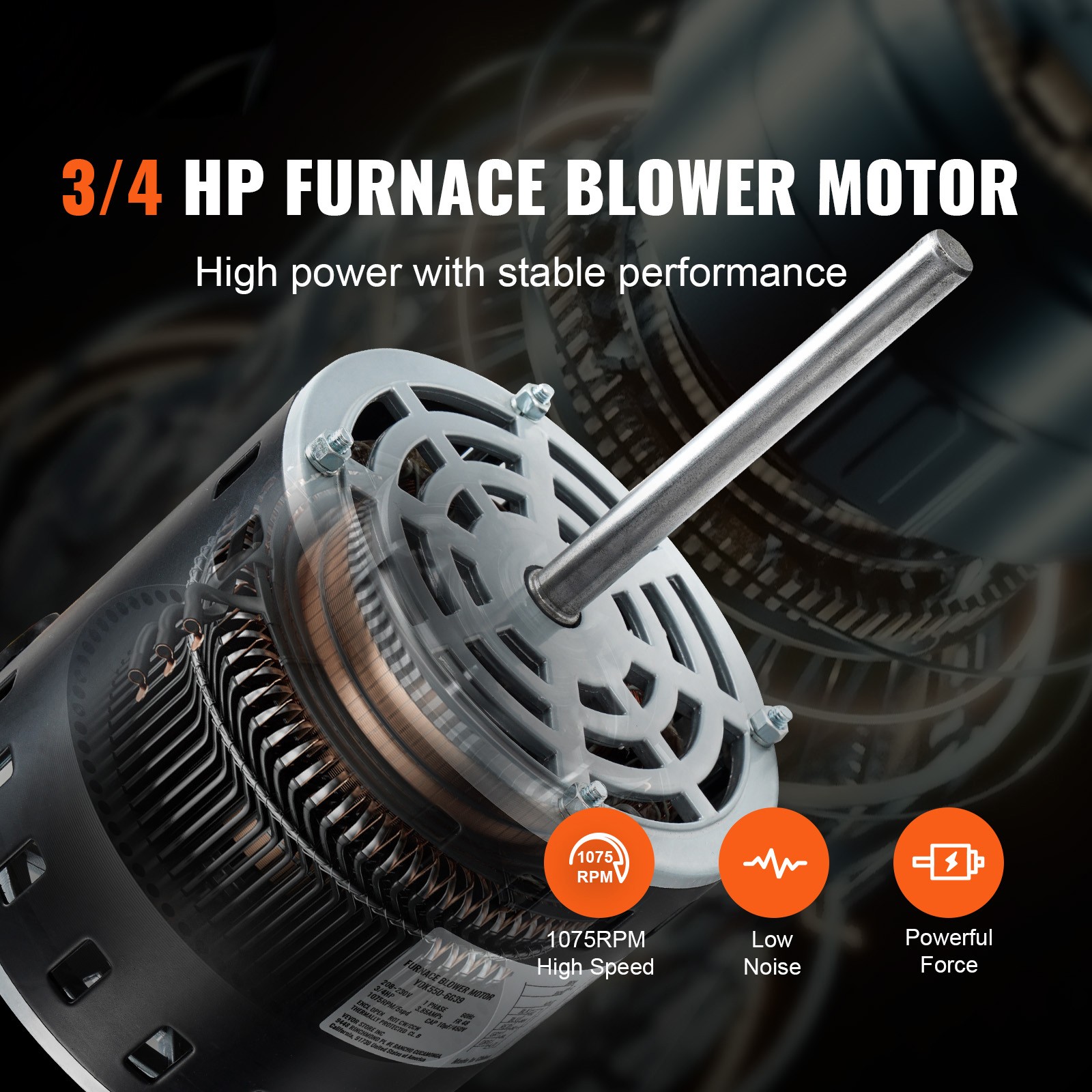 VEVOR 3/4HP Furnace Blower Motor 208-230V 3.85A 1075RPM 5 Speed 48 Frame 1 Phase