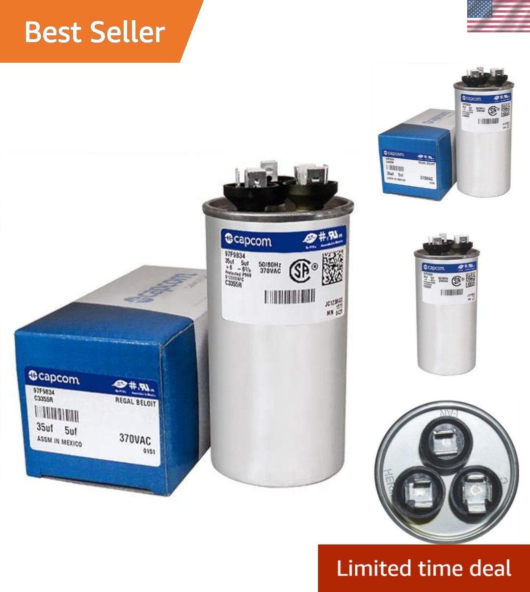 C3355R Capacitor Dual Run Round 35/5 UF MFD 370V VAC 97F9834 Replace Old Z97F…