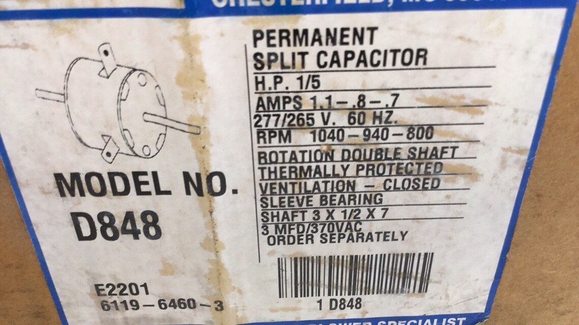 Fasco D848 Motor 1/5 HP 277/265V 60HZ 1040-940-800 RPM