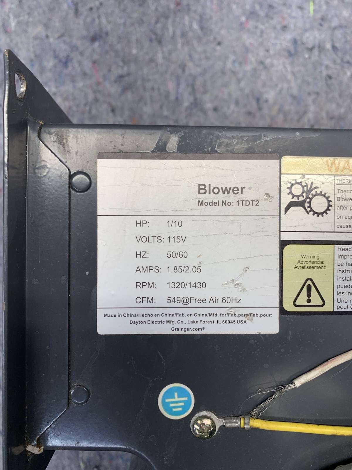 Dayton Blower 1TDT2A, 1/10 HP 115V 50/60Hz 1.85/2.05A 1320/1430 RPM 549 CFM