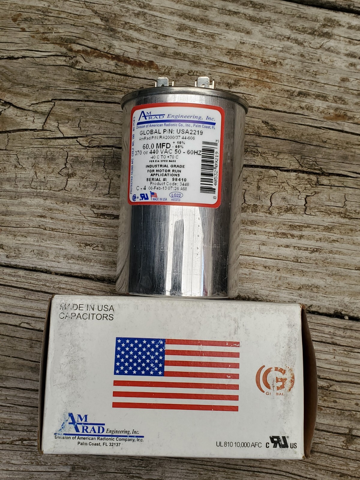 60 MFD x 370 / 440 VAC Round Run Capacitor AmRad USA2219 – Made in the USA