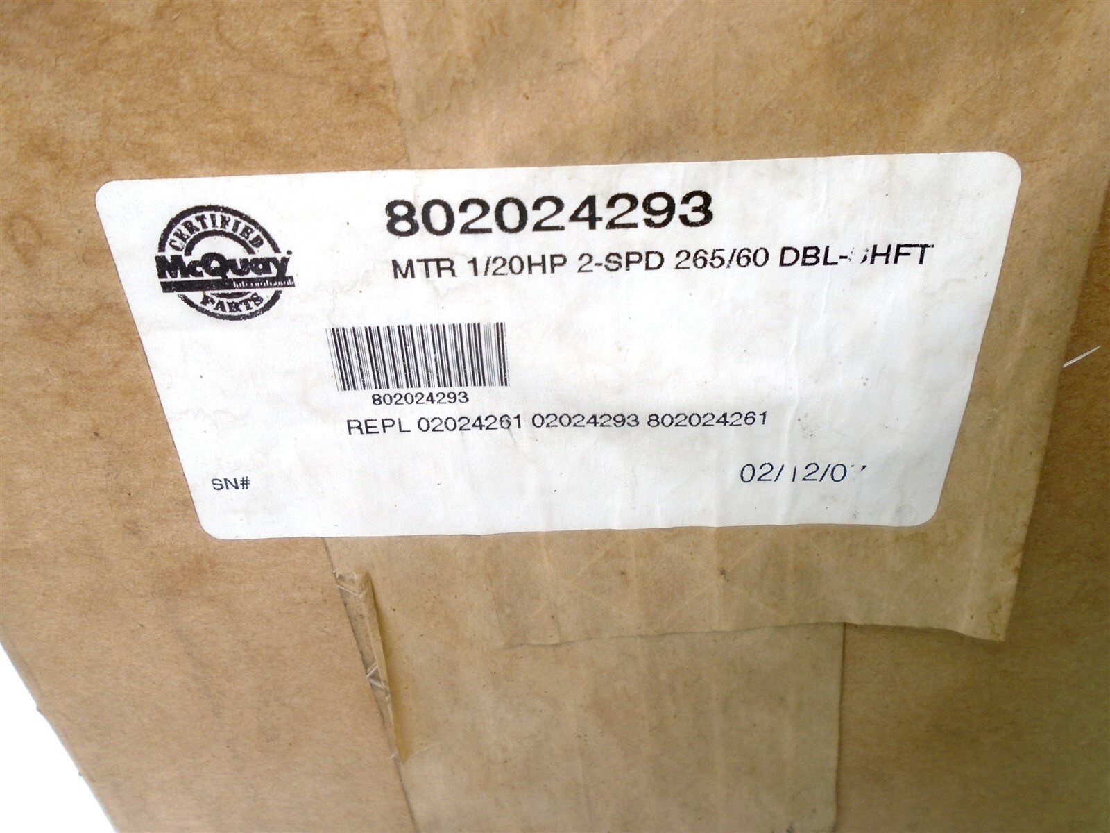 OEM McQuay – 802024293 KCP29BK686S – DBL SHAFT 1/20HP BLOWER MOTOR 230/265V -NEW