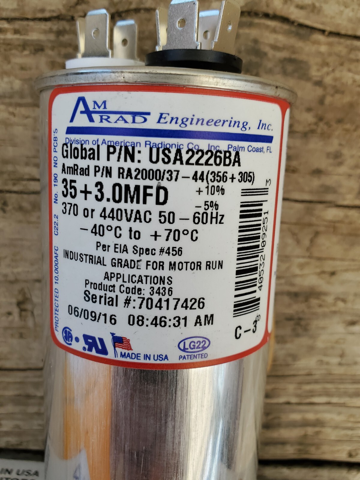 AmRad USA2226BA Round Run Capacitor 35+3 uF MFD 370 / 440 Volt Made in USA