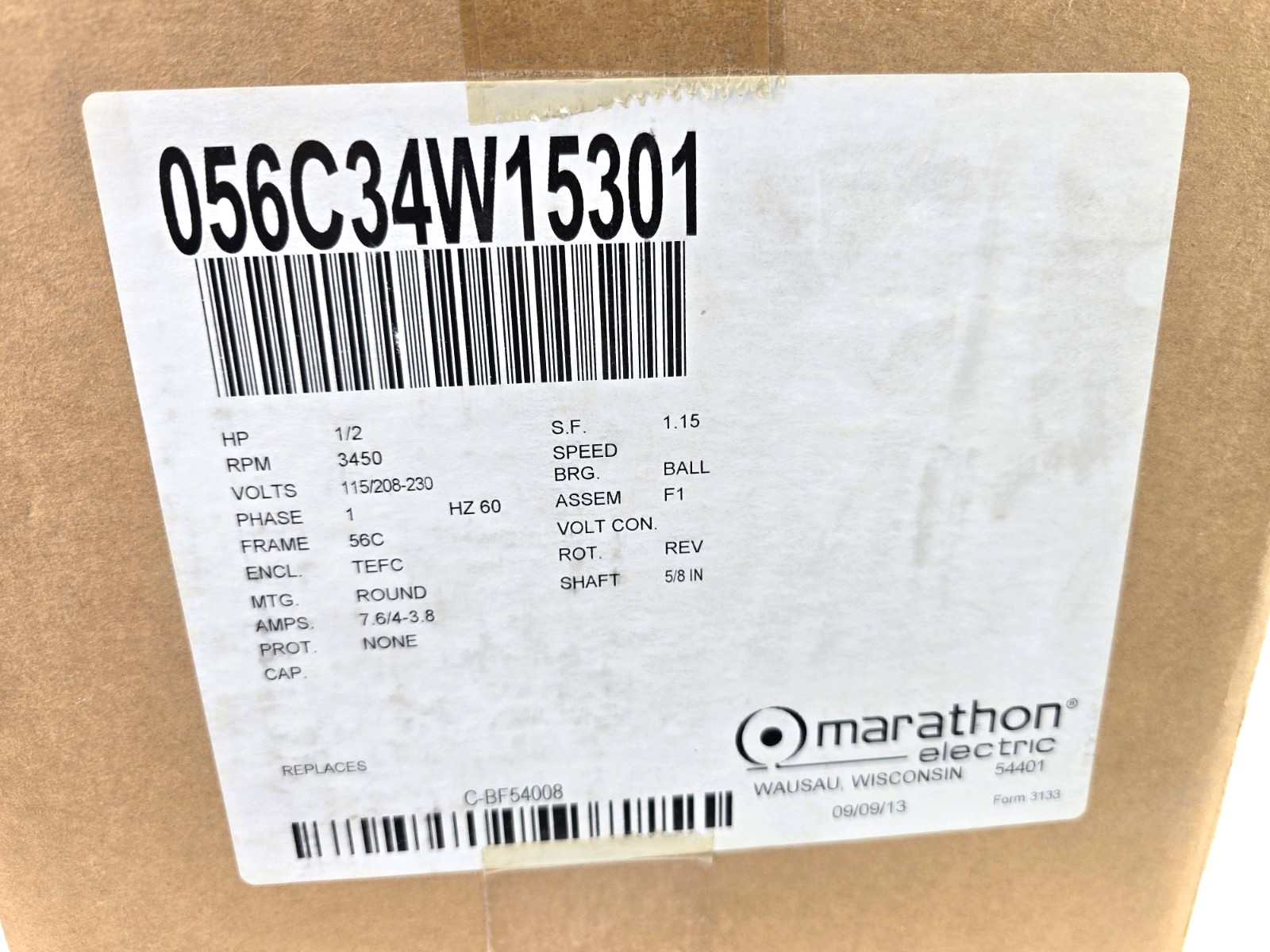 Marathon Washdown Motor Capac Start 1/2HP 3450RPM 115/208-230 56C 056C34W15301