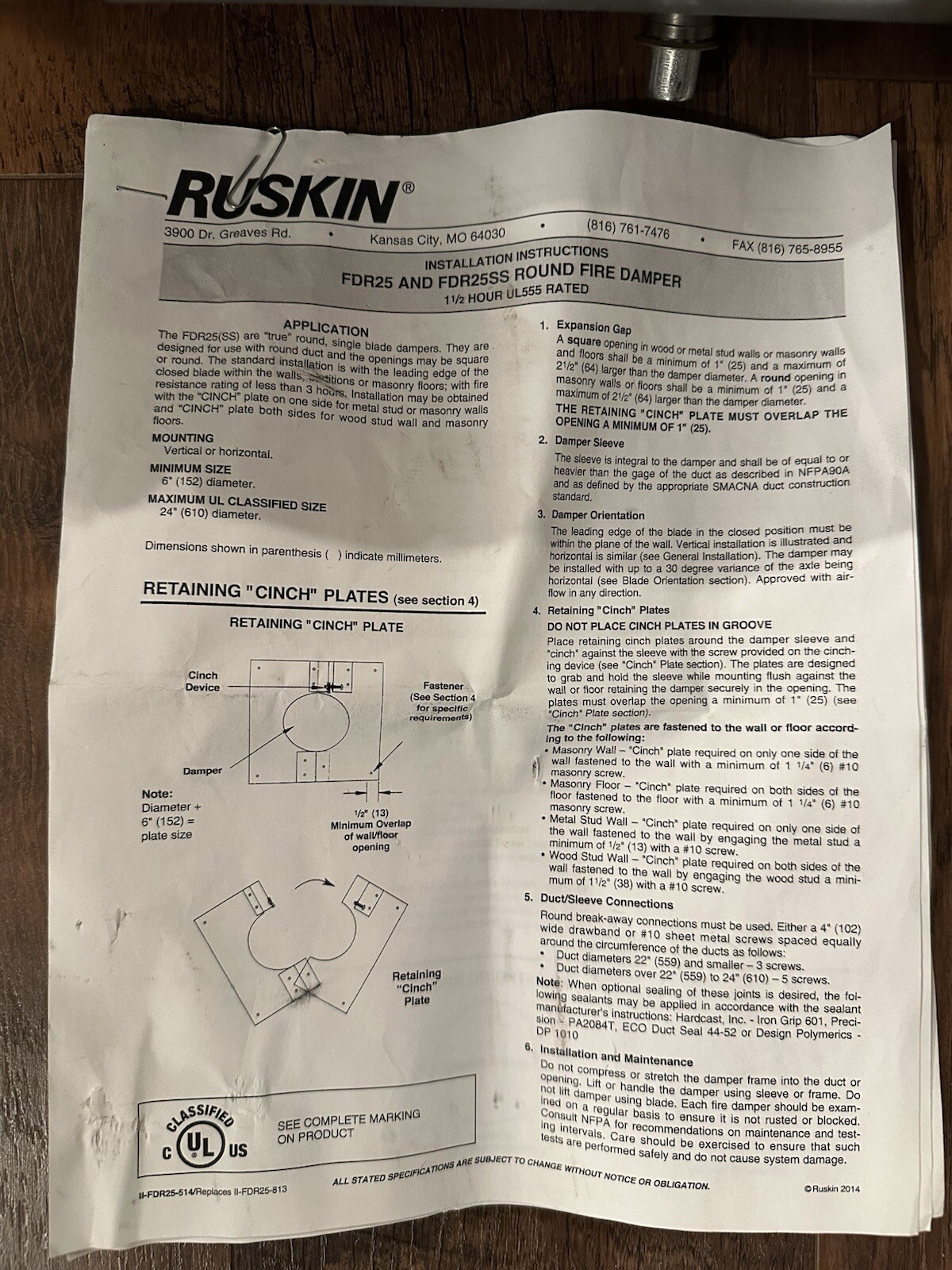 Ruskin ZPD25 6 inch round fire damper 14″ tall