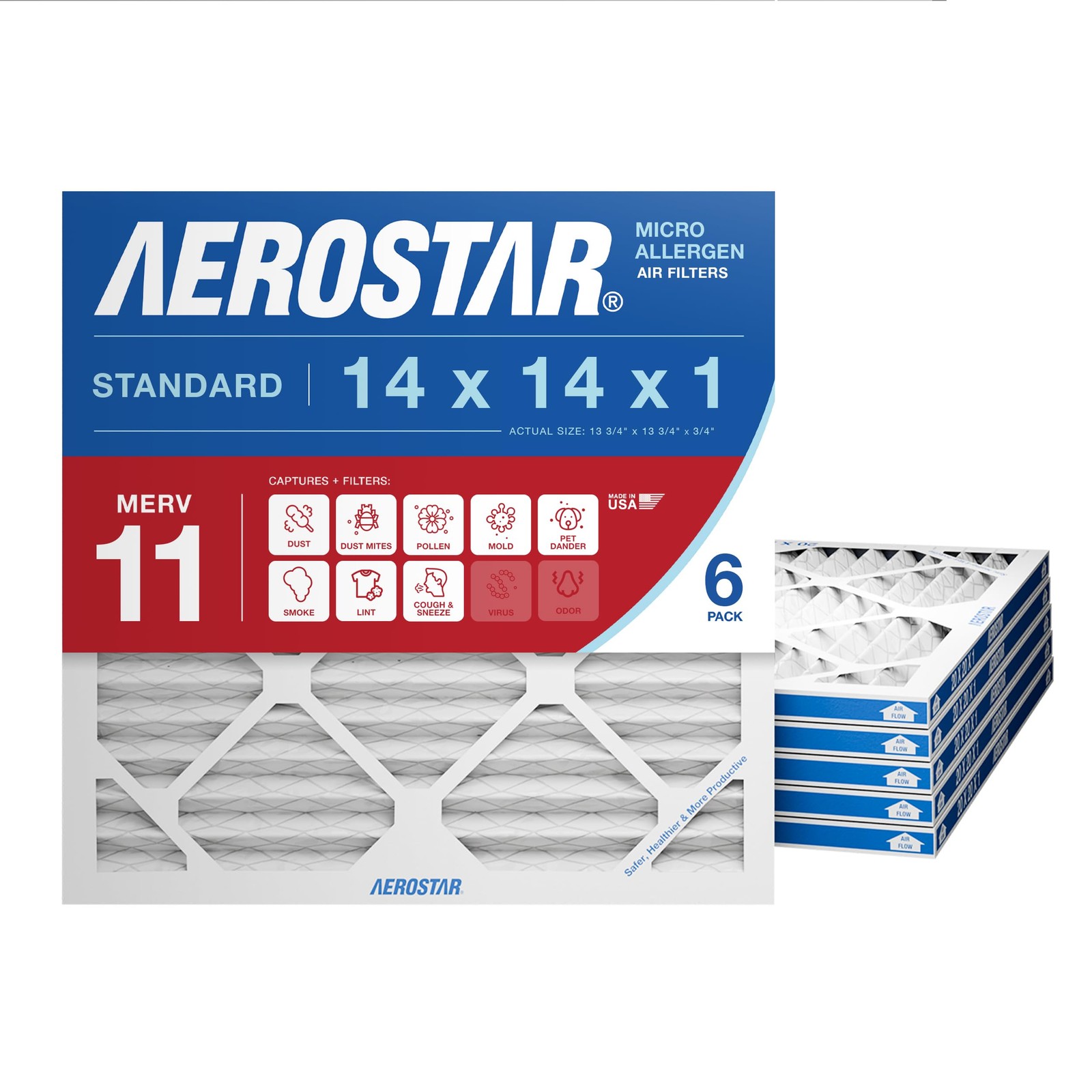 Aerostar 14x14x1 MERV 11 Air Filter, 6 Count, ACTUAL SIZE 6 PACK, 11