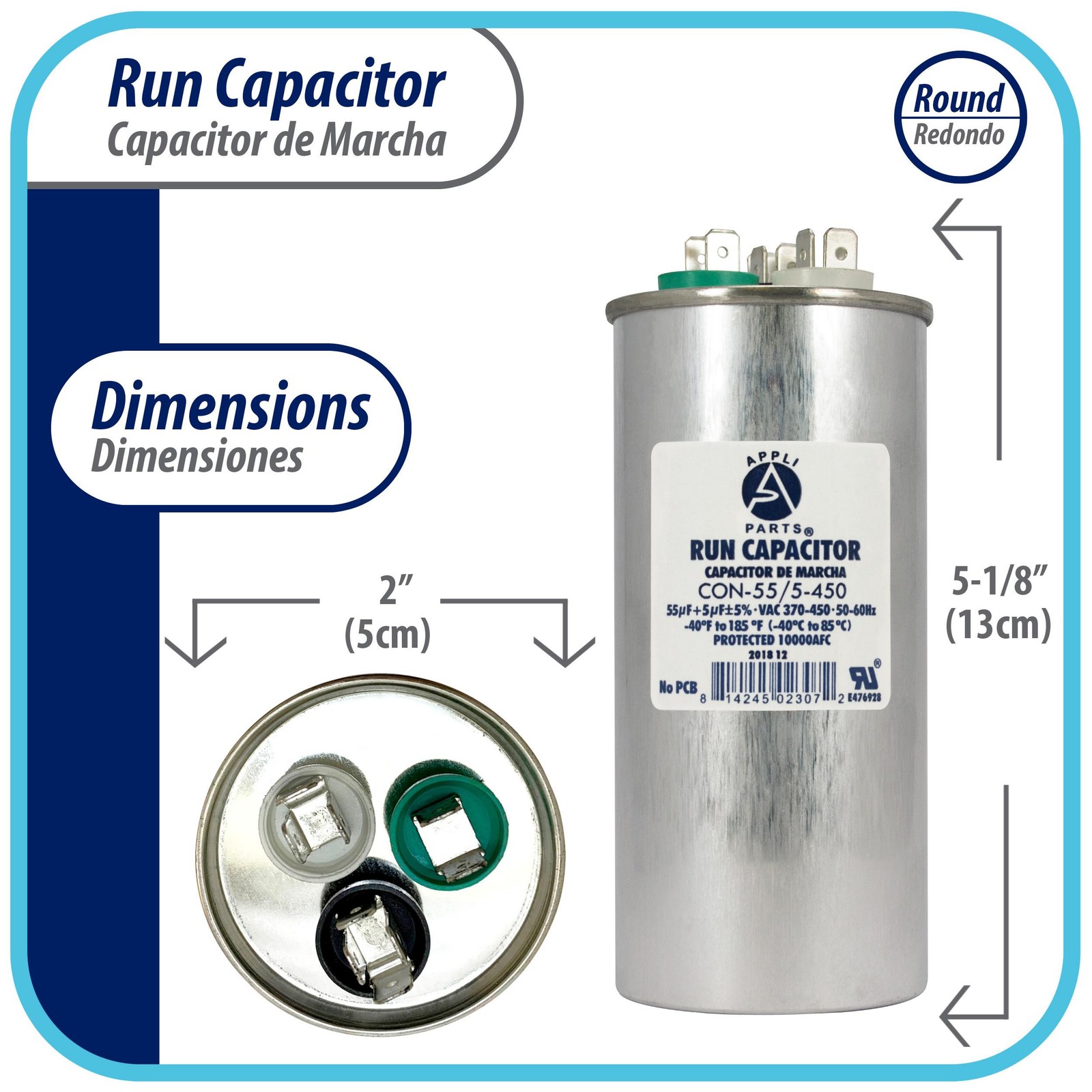 Appli Parts Dual Run Capacitor for ac 55+5 Mfd uF (microfarads) 370VAC or 450VAC