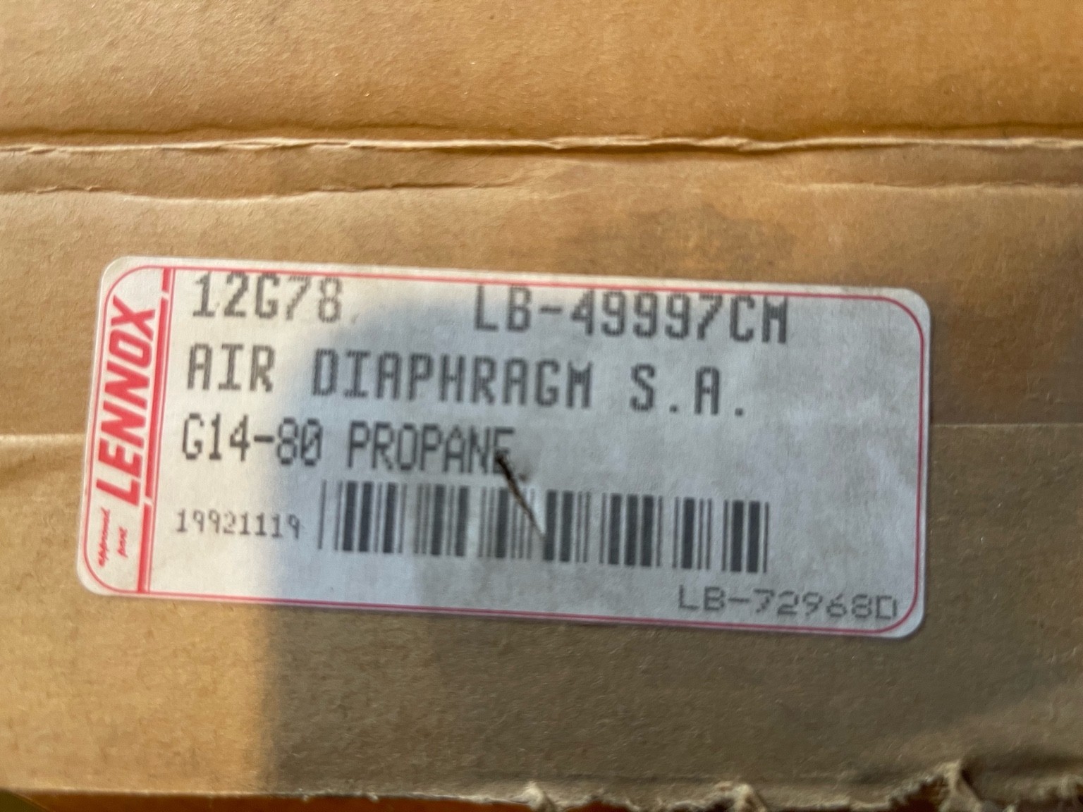 Lennox 12G78 Air Diaphragm S.A. LB-49997CM G14-80 Propane NOS OEM