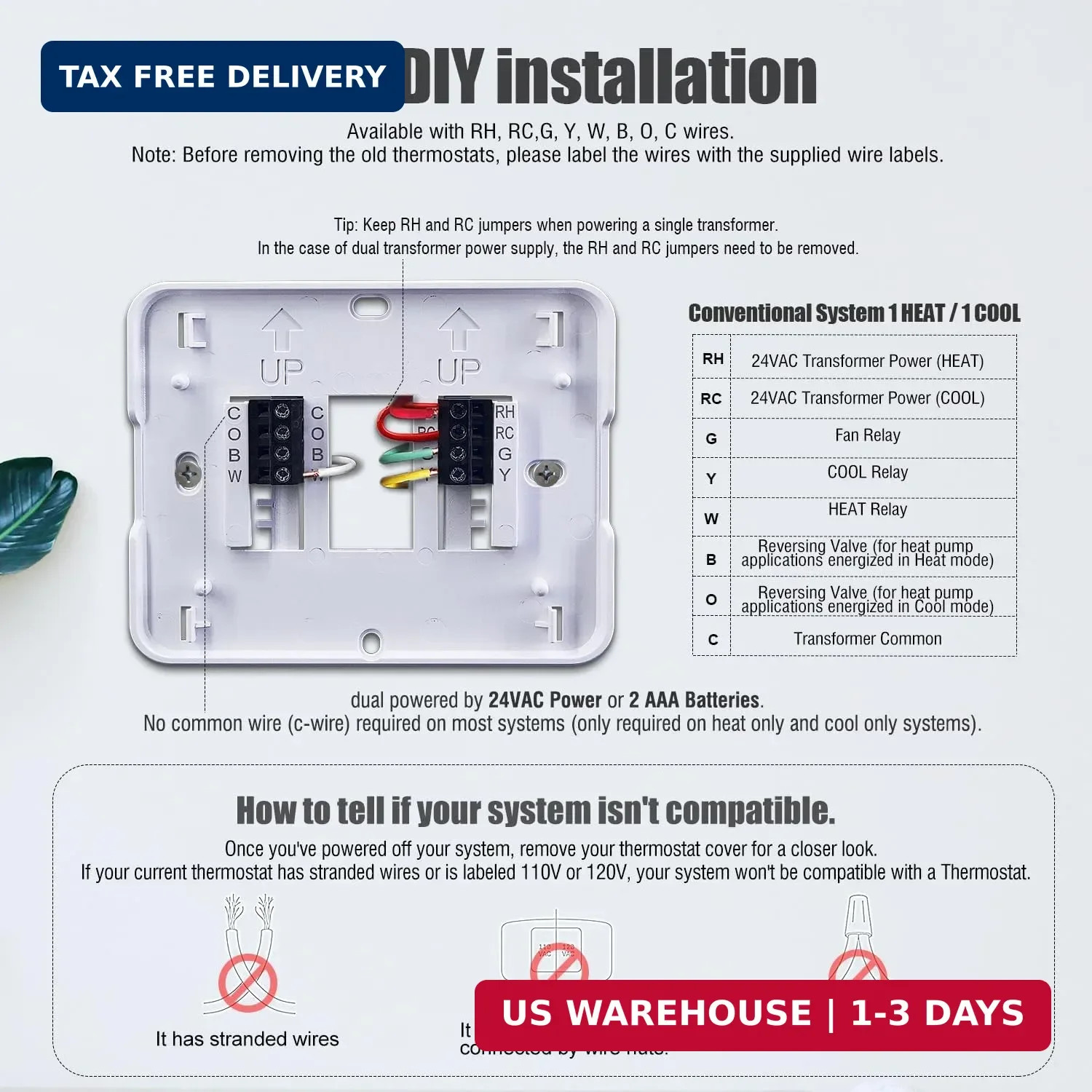 Aowel Non-Programmable Thermostats for House, Single-Stage 1 Heat/ 1 Cool, Simpl