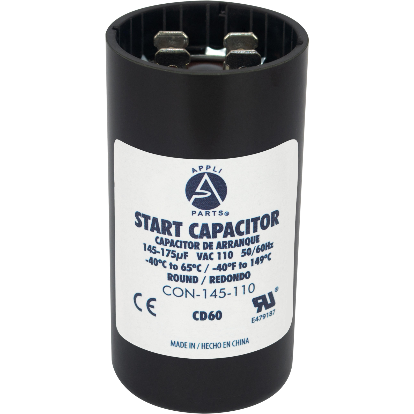 Appli Parts motor start capacitor 145-175 Mfd (microfarads) uF 110-125 VAC unive