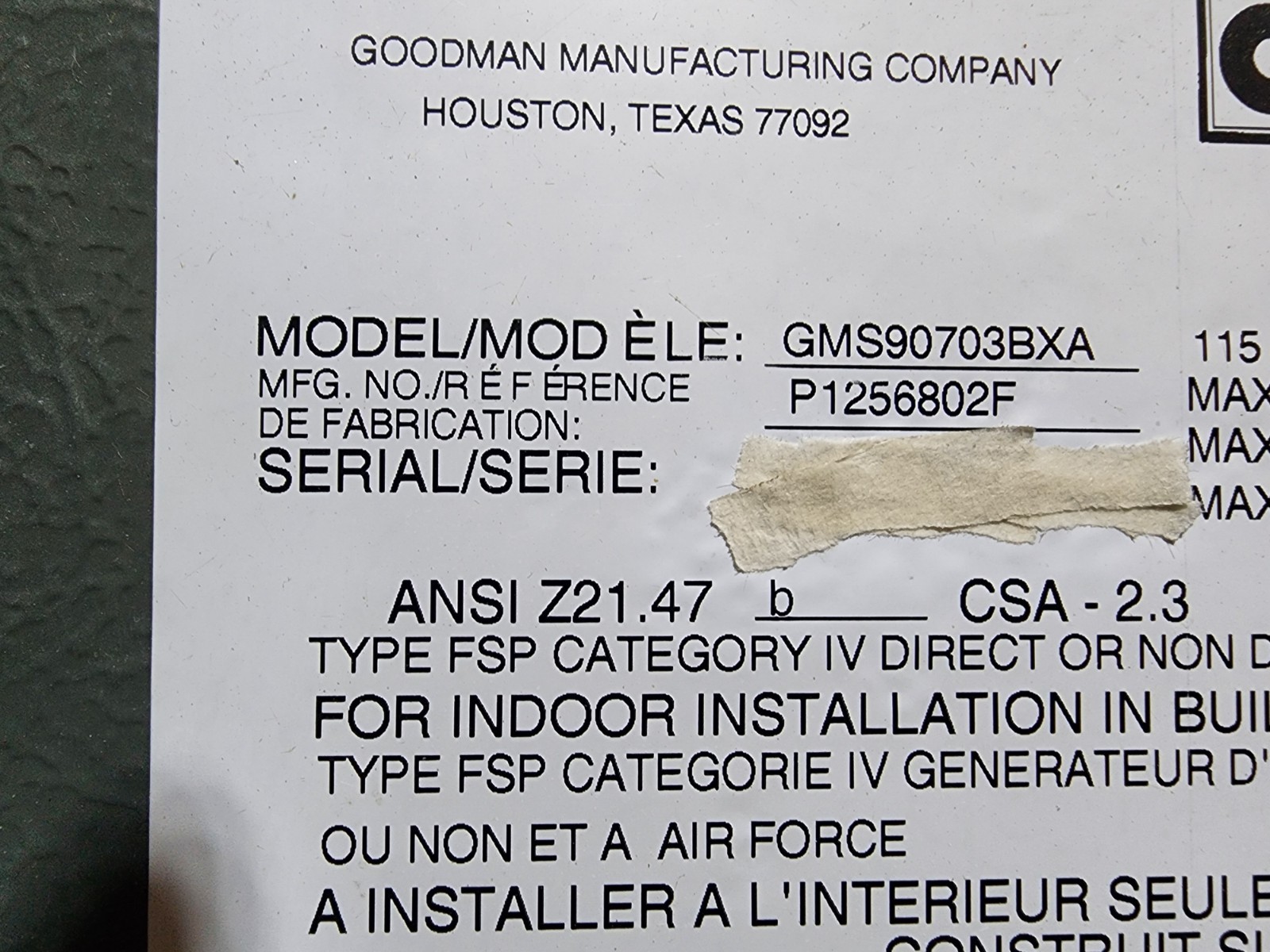 USED GOODMAN WIRING HARNESS. FURNACE MODEL NUMBER GMS90703BXA