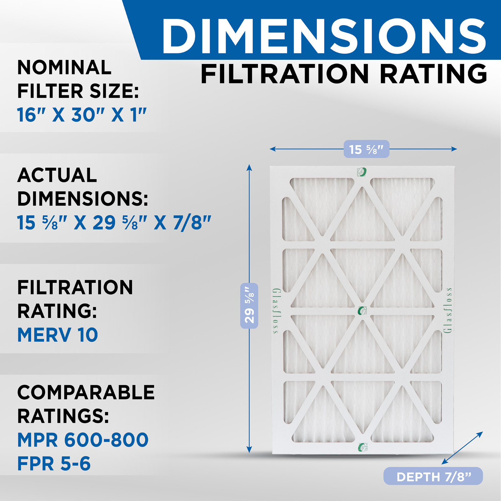 16x30x1 MERV 10 Pleated Air Filters. 12 PACK. Actual Size: 15-5/8 x 29-5/8 x 7/8