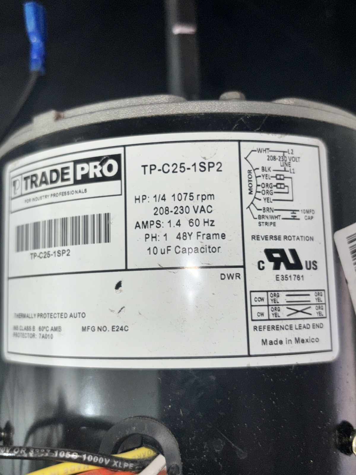 CONDENSER FAN MOTOR 1075RPM 1/4 HP – TRADEPRO – USED – FEDEX – TESTED – READ