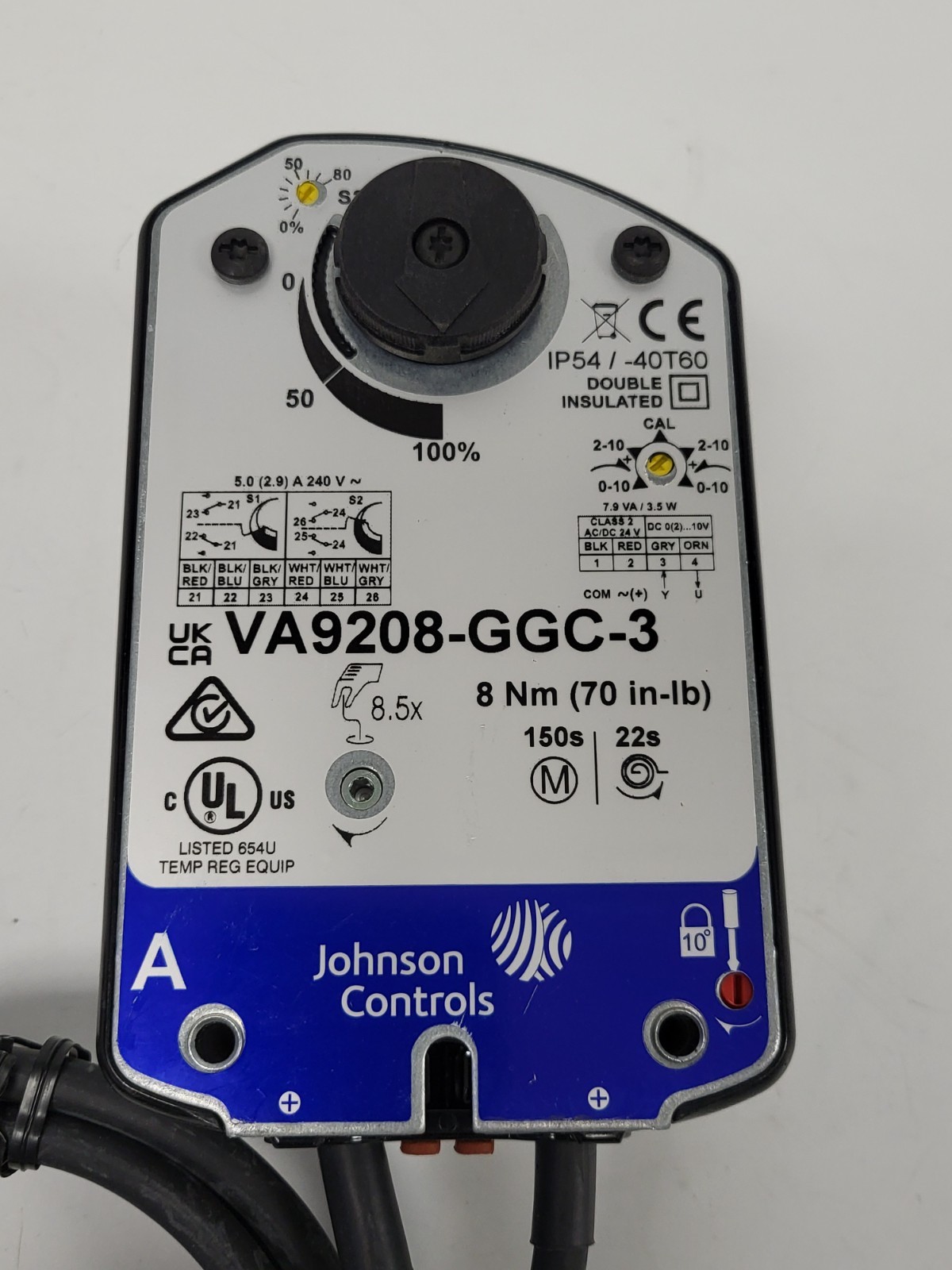 Johnson VA9208-GGC-3 Electric Spring Return Valve Actuator, 24VAC, 70 in-lb