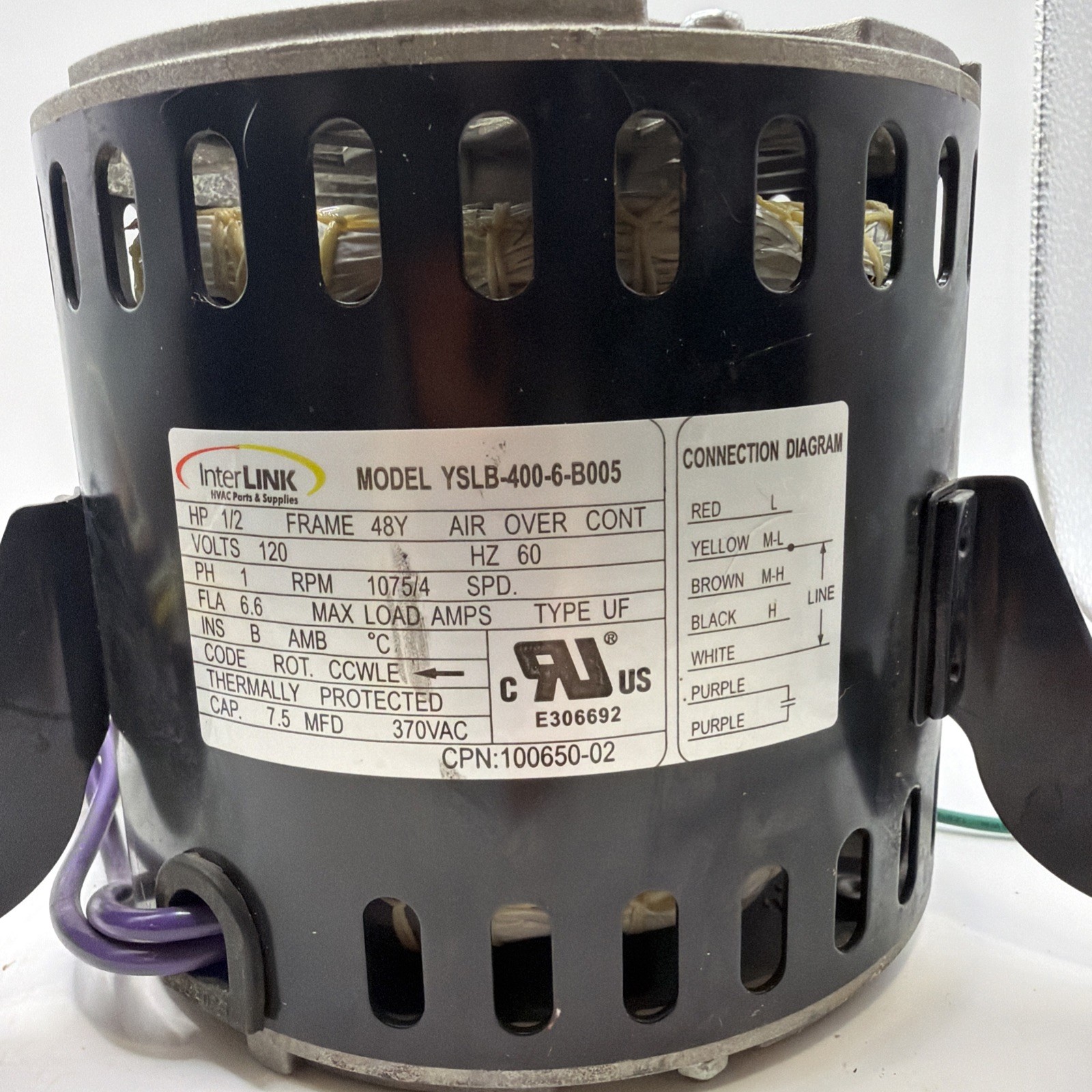 InterLink YSLB-400-6-B005 Blower Motor 1/2HP 1075RPM 4SPD 120V 100650-02