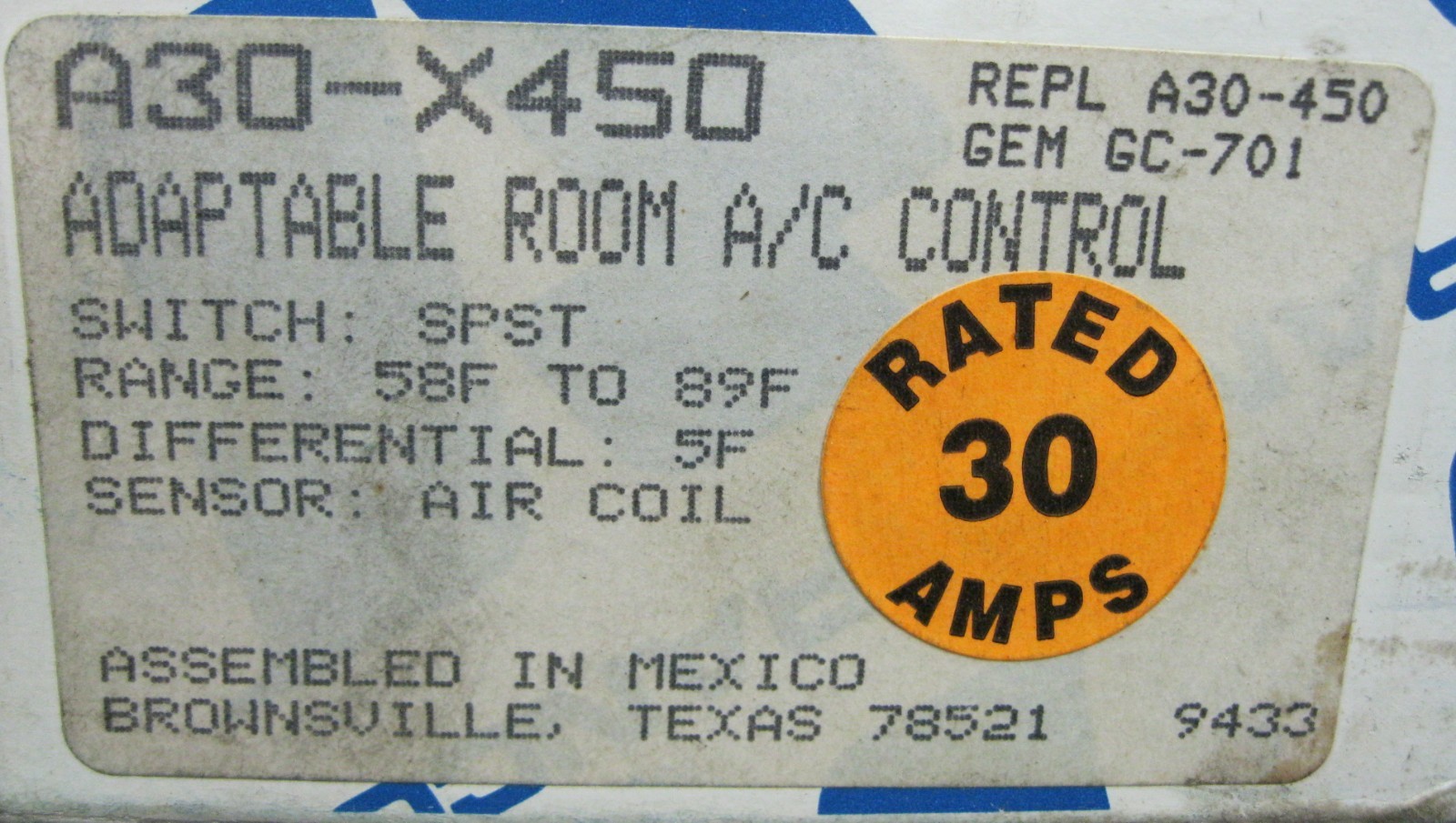 Ranco A30-X450 Adaptable Room A/C Control 30 Amp