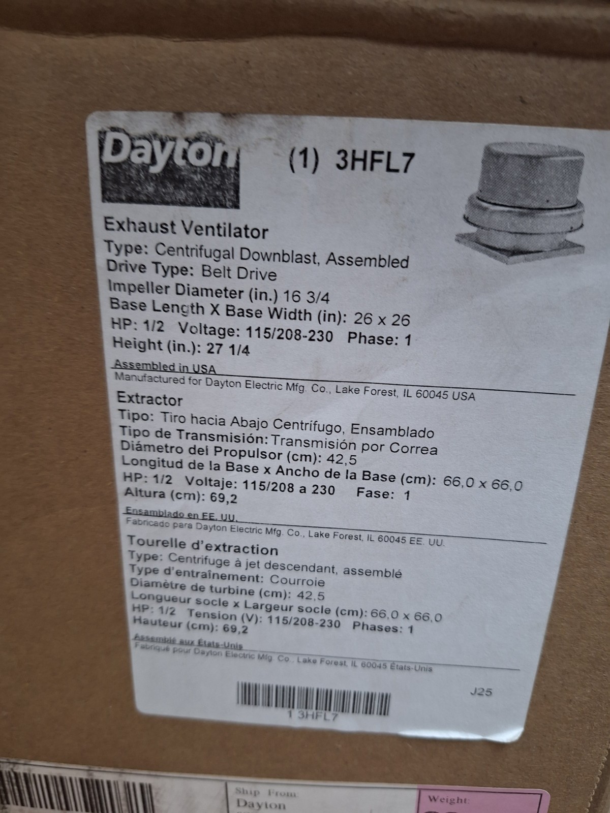 Dayton 3HFL7 Downblast Vent, Belt Drive, 16-3/4 In, 3,249 cfm, with drive pack