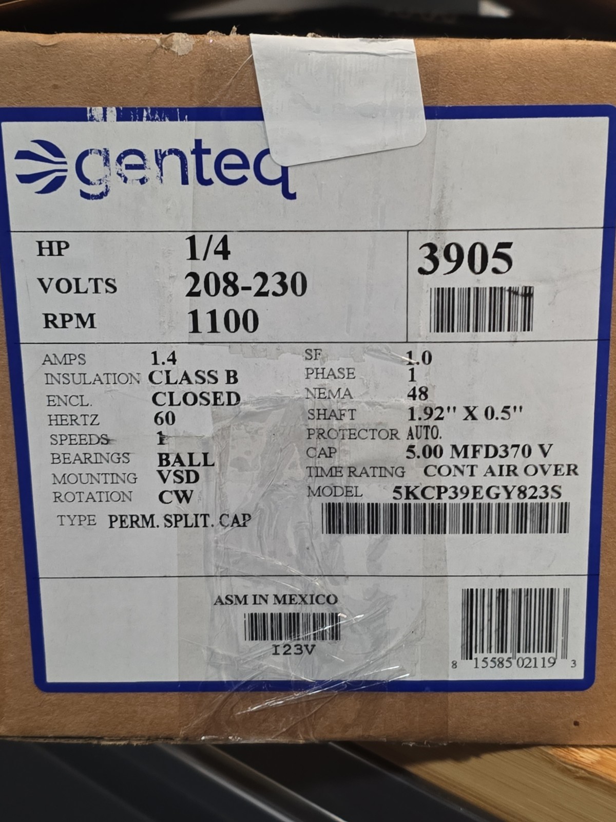 Condenser Fan Motor Genteq GE 5KCP39EGS070S 5KCP39EGY823S 208-230V 1/4HP 820RPM
