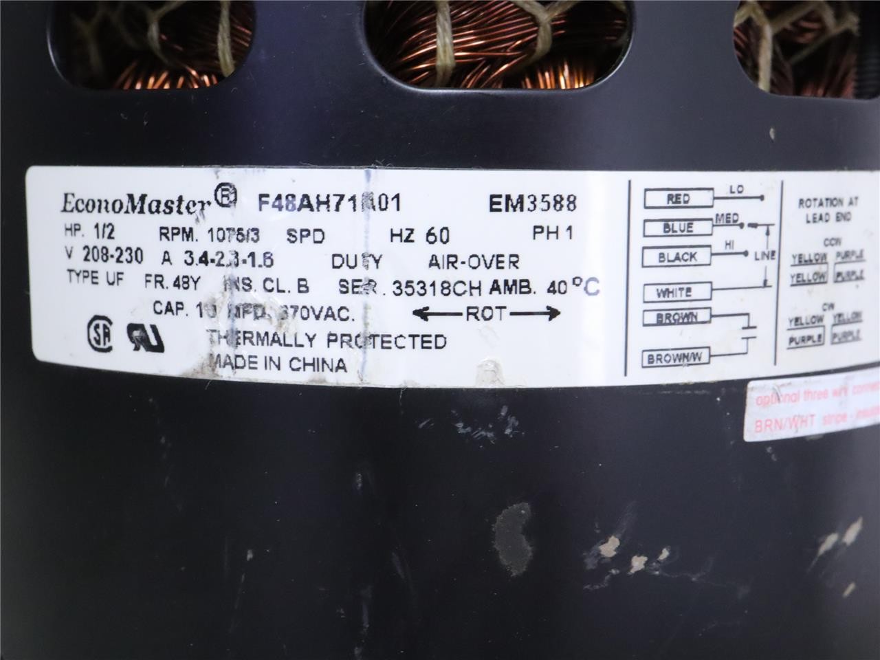 EconoMaster F48AH71A01 Furnace Blower Motor 1/2HP 1075RPM 208-230V 3SPD EM3588