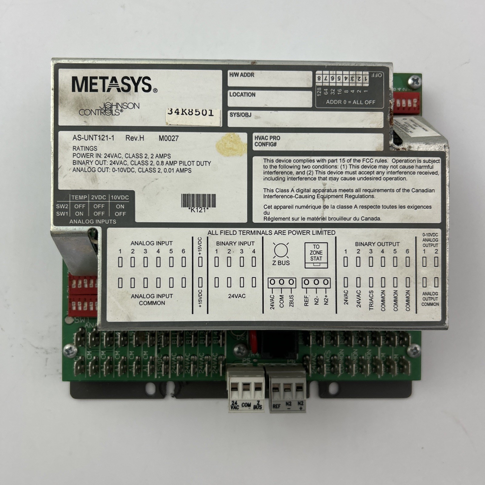 Metasys Johnson Controls AS-UNT121-1 Rev. H Controller, Used, 34K8501
