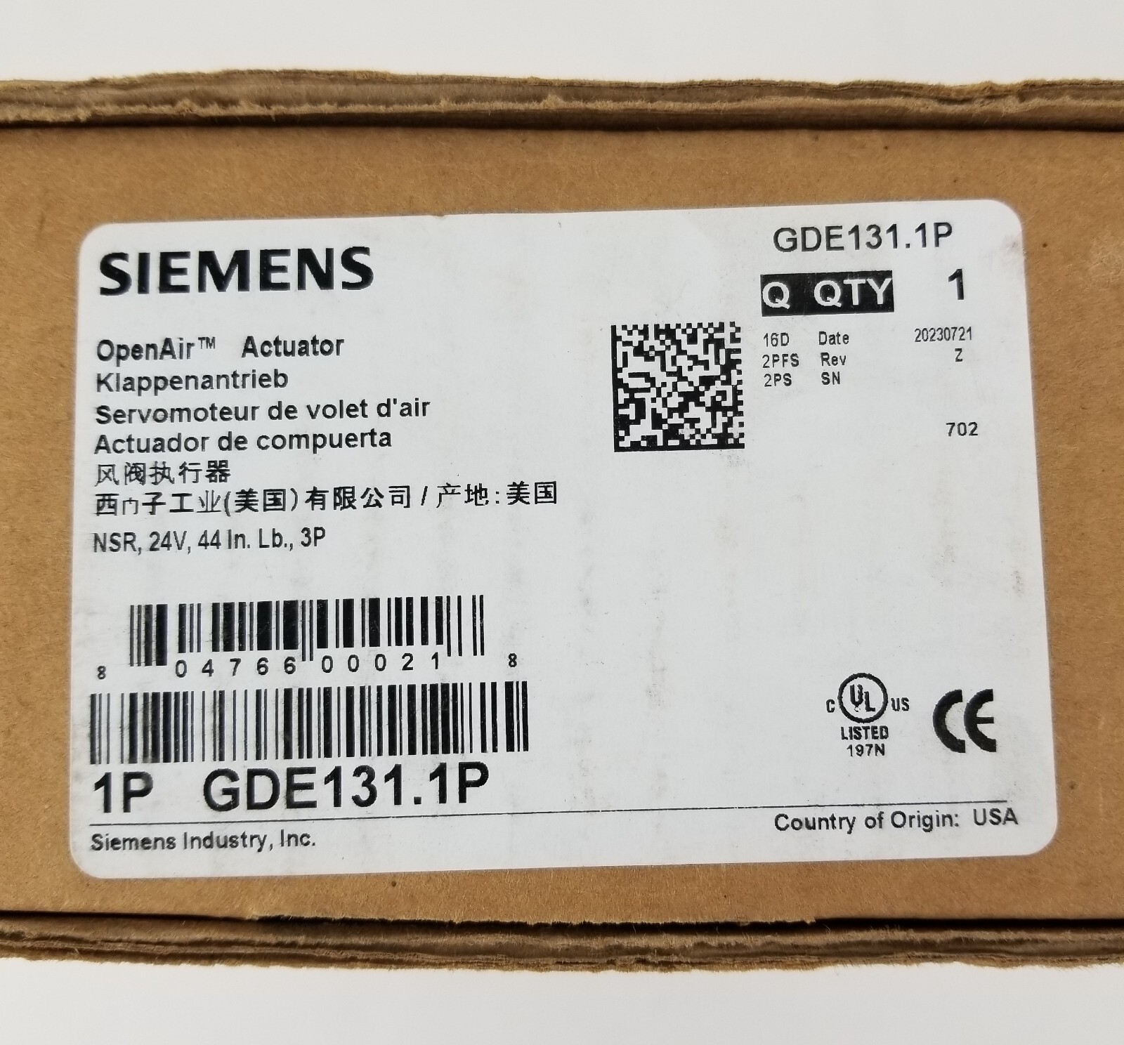 Siemens GDE131.1P OpenAir Actuator NSR 44in-lb 24Vac 3P 50/60Hz NEW