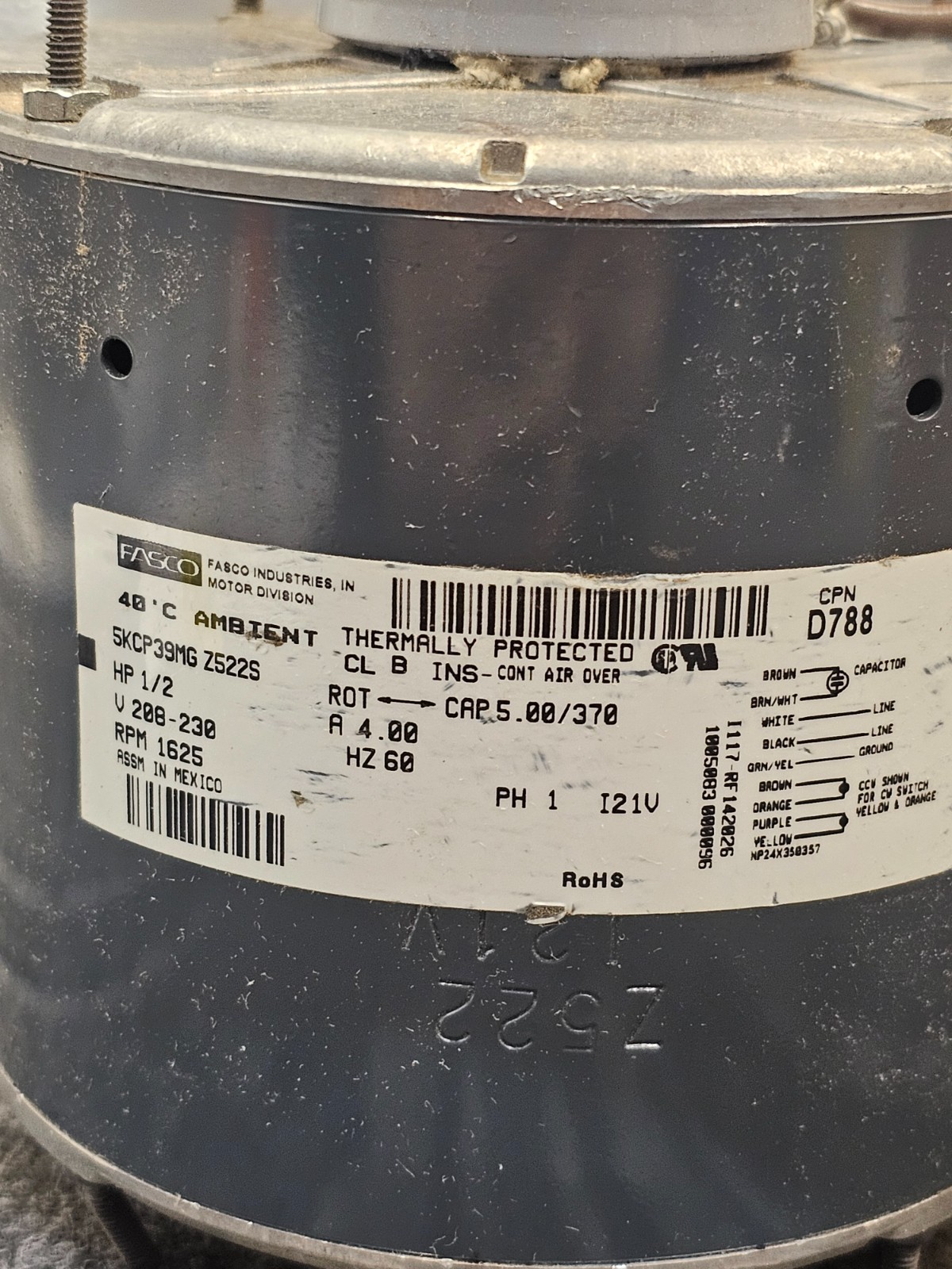 Fasco D788 Blower Motor HP 1/2 208-230V RPM1625 5KCP39MGZ522S Sleeve Closed