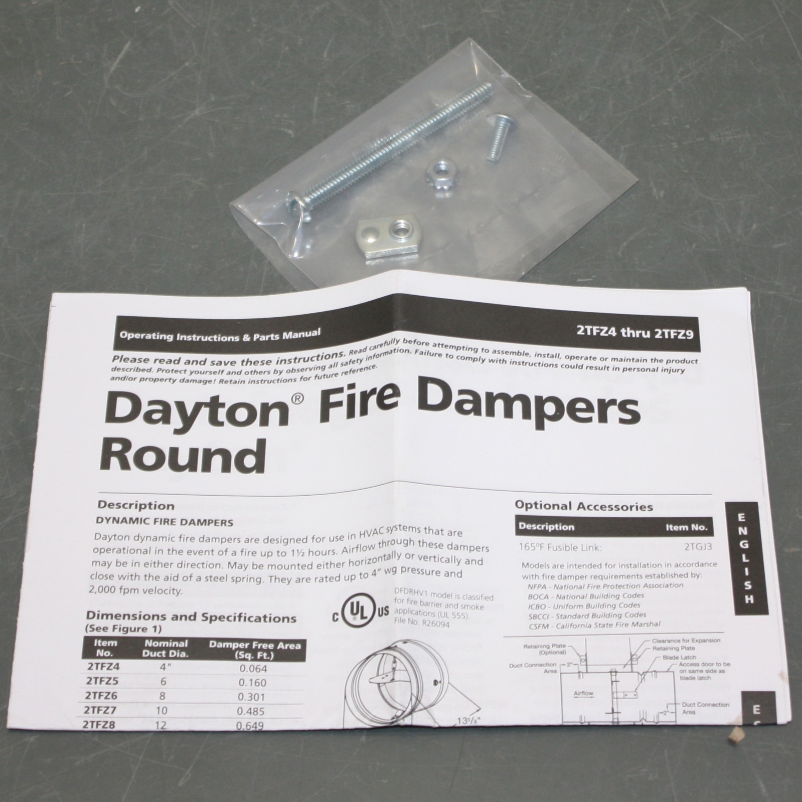 Dayton Fire Damper 2TFZ8, 12″ Diameter Duct, Butterfly, 90 min, Galvanized Steel