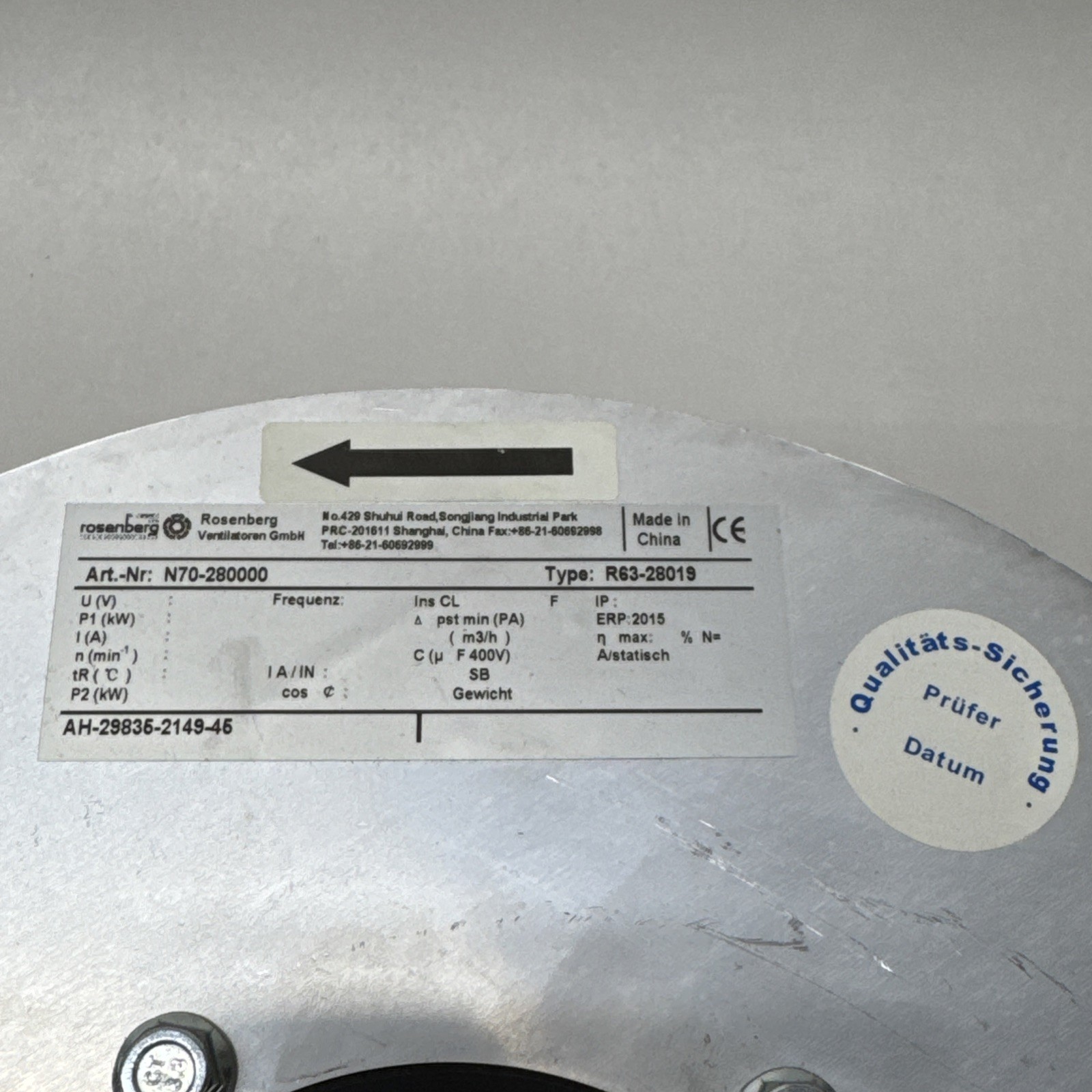 ROSENBERG ECM MOTOR CURVED ALUMINUM IMPELLER N70-280000 R63-28019