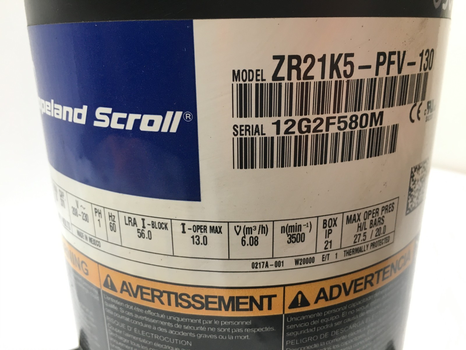 Copeland 2.5 Ton Scroll AC Compressor ZR21K5-PFV-130 R-22 208-230V used #C96