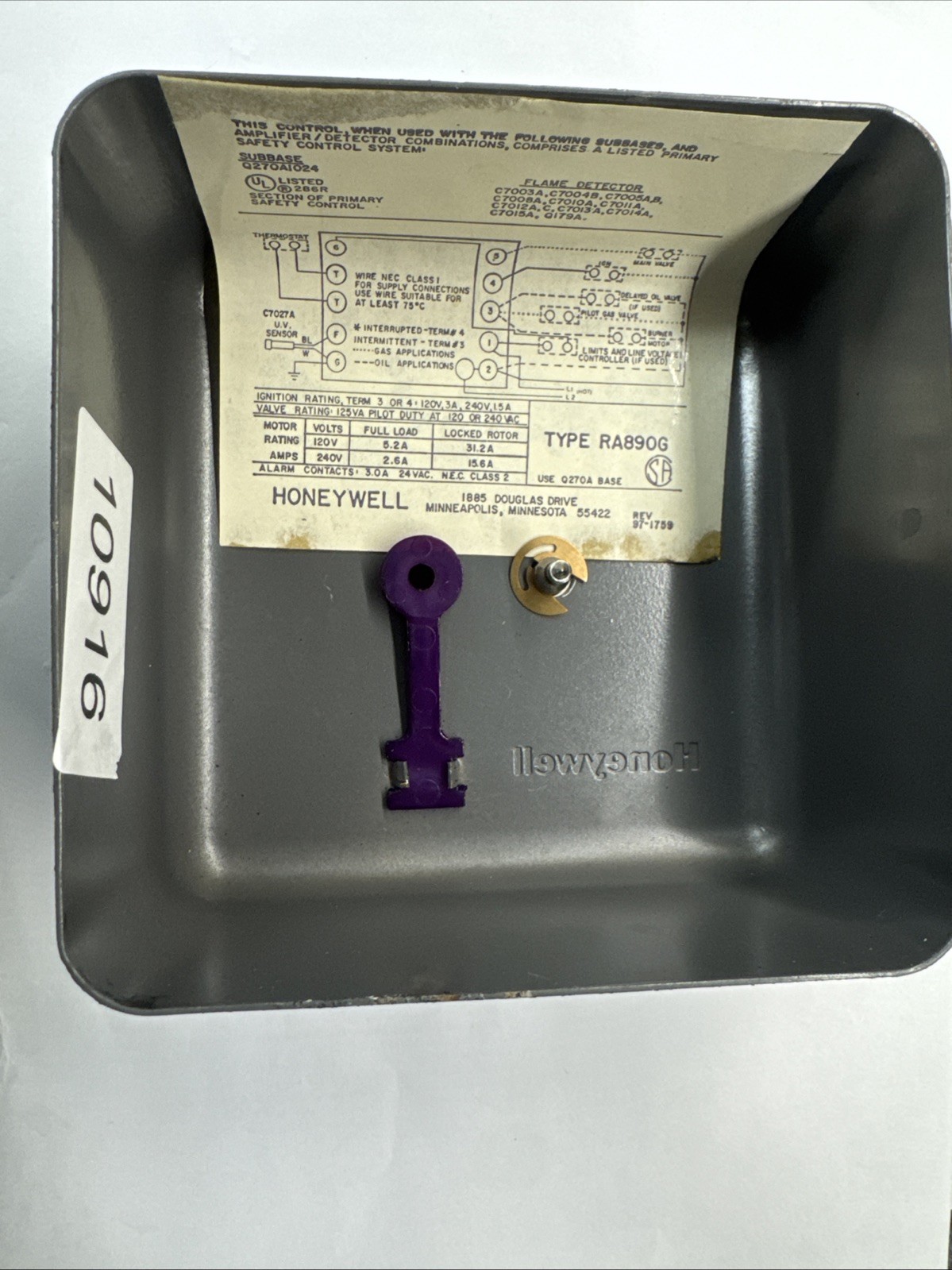 Honeywell Capp USA Burner Control Boiler Furnace RA890G Protectorelay Cover Only