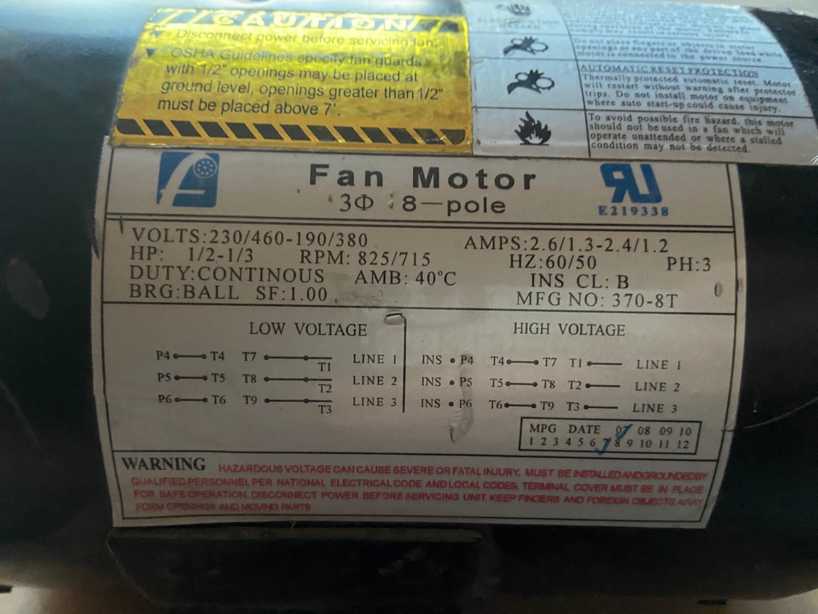 PEDESTAL YOKE FAN MOTOR 3 Phase 1/2 HP 2.6 amps 825 rpm #370-8T “Free Ship”