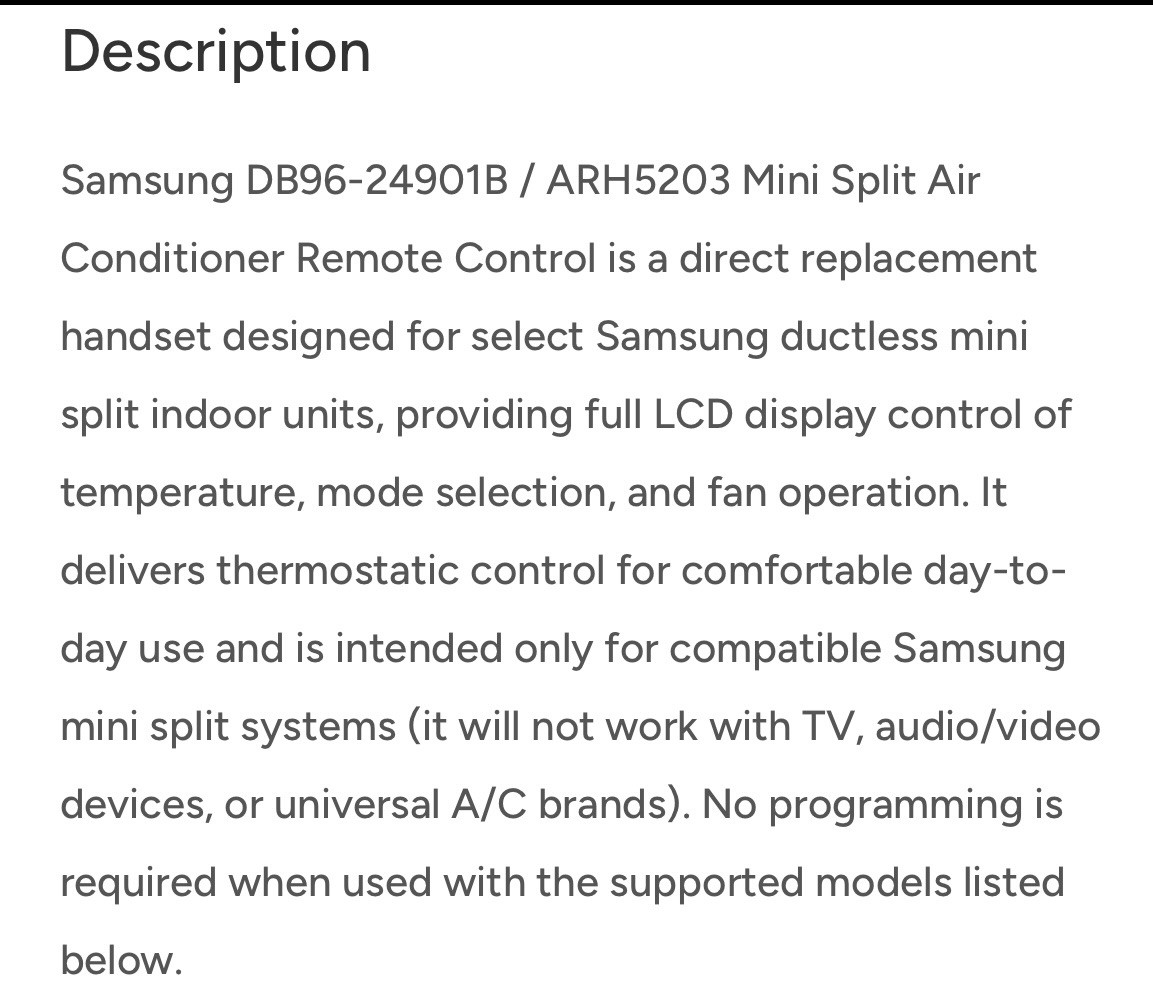 Samsung DB93-03012E HVAC Remote Control with Wall Mount Battery Powered Plastic