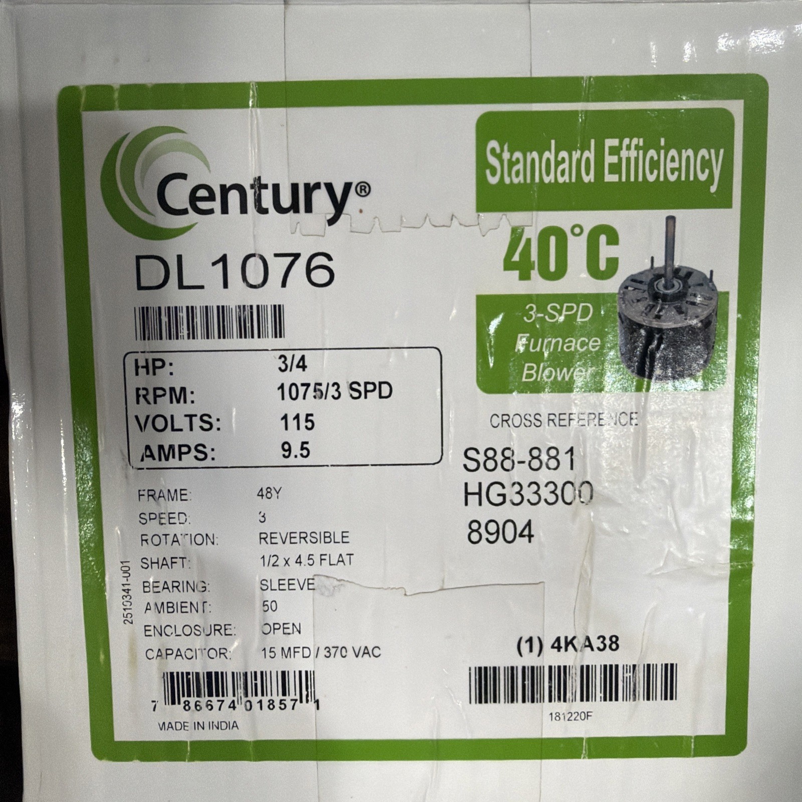 CENTURY 5KCP39PGDD702S Furnace Blower Motor 3/4HP 115V 1075RPM 3SPD 1PH DL1076