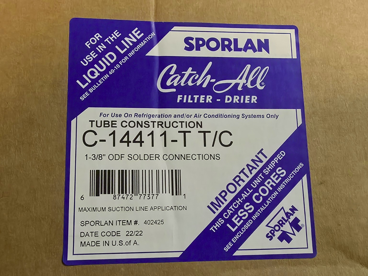 Sporlan Catch-All Filter-Drier C-14411-T T/C Refrigeration HVAC 1-3/8″ ODF – New