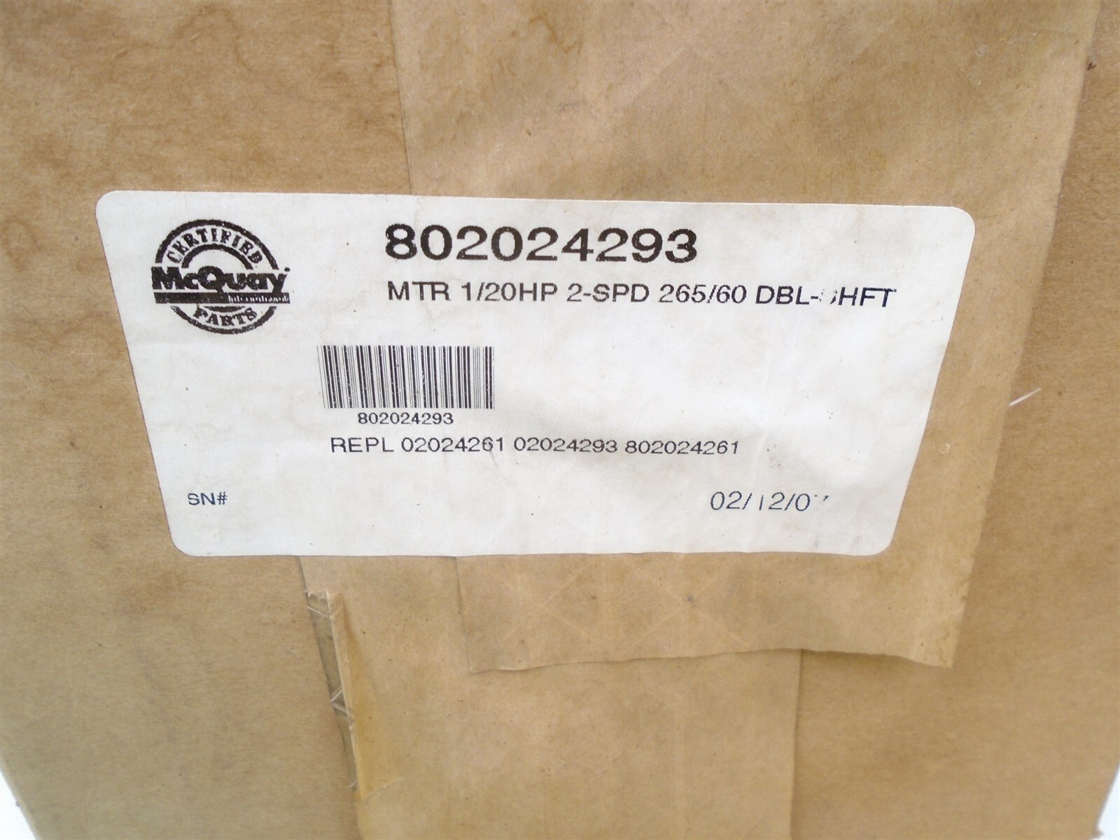 OEM McQuay – 802024293 KCP29BK686S – DBL SHAFT 1/20HP BLOWER MOTOR 230/265V -NEW