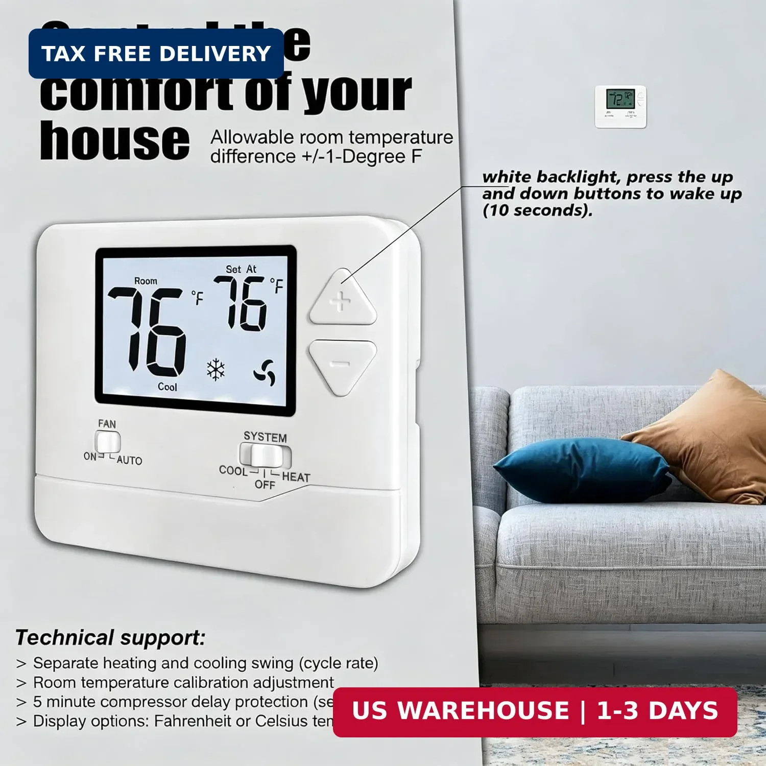 Heagstat 1H/1C Non-Programmable Thermostat for Home Single-Stage System | Separa