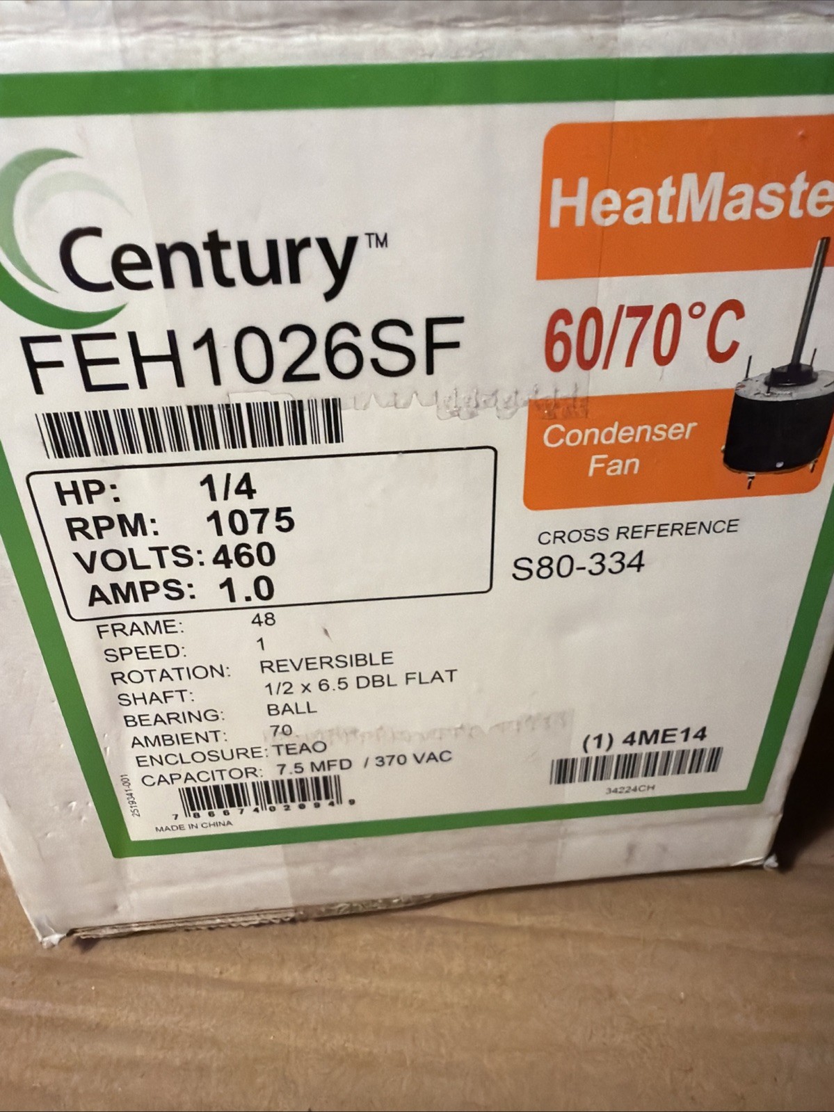 CENTURY FEH1026SF Condenser Fan Motor,1/4 HP,1075 rpm,60Hz 4ME14