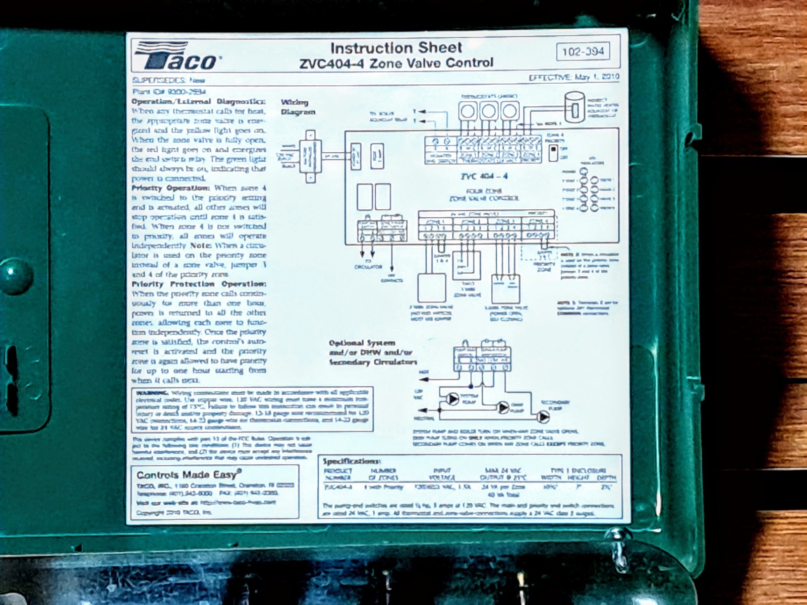Taco ZVC404 4 Zone Valve Control Hydronic Heating Boiler Pump Relay Module Panel
