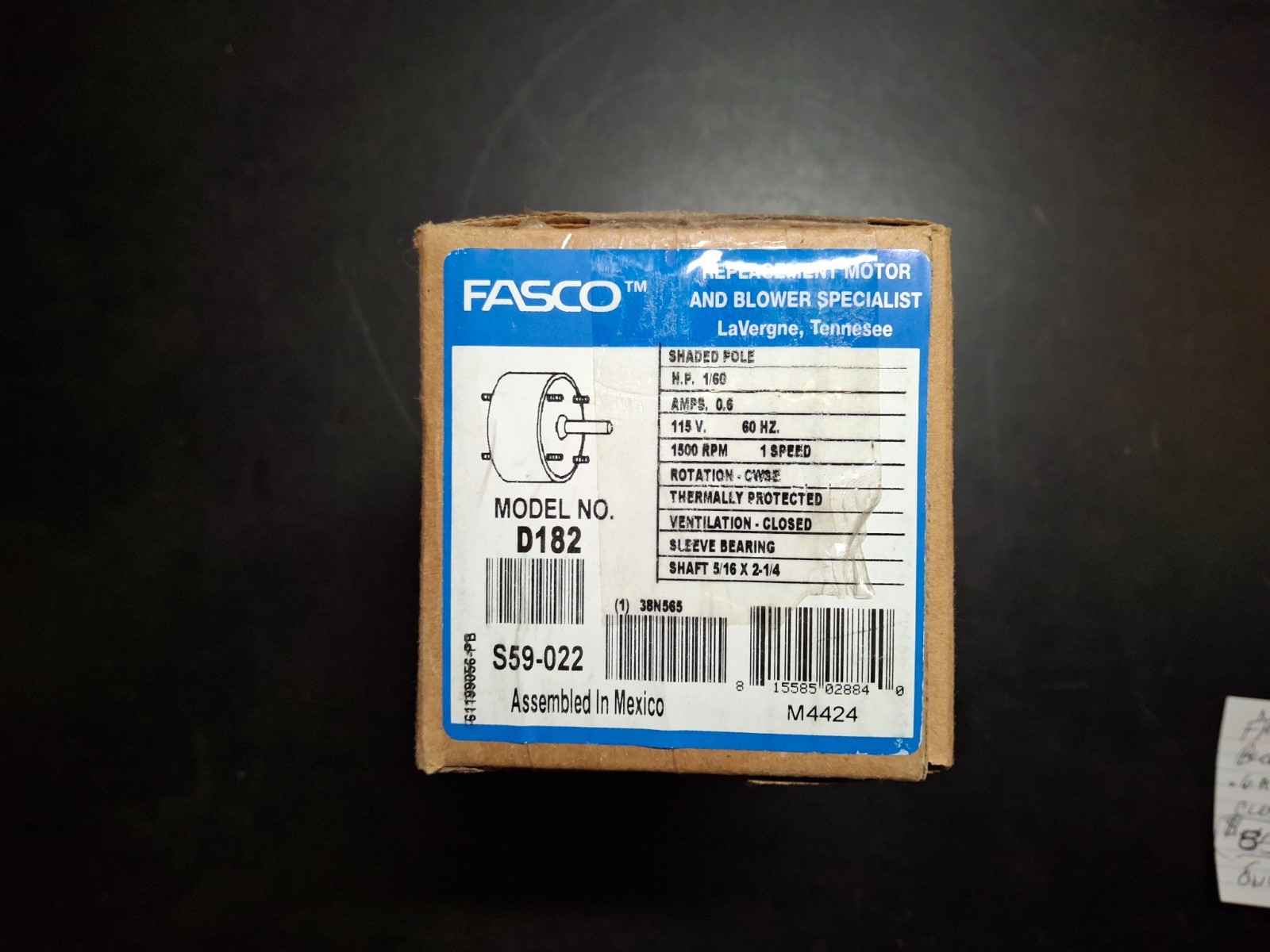 Fasco #D182 Fan & Blower Motor 1/60HP 115V .6A CWSE Closed Vent