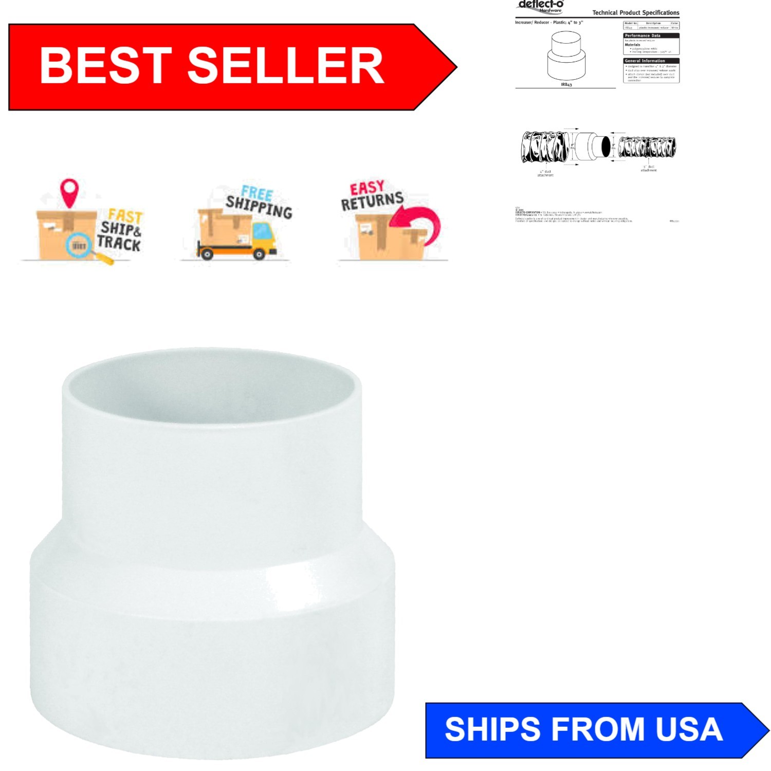 Versatile Plastic Inline Duct Adapter, 4″ to 3″ Reducer for Exhaust Systems