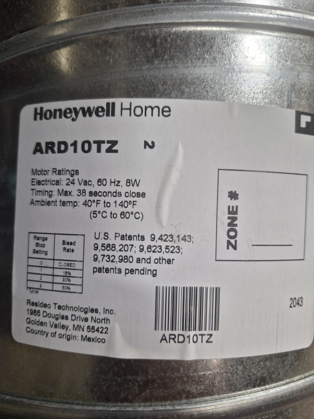 Honeywell TrueZONE Round Supply Damper (ARD10TZ)