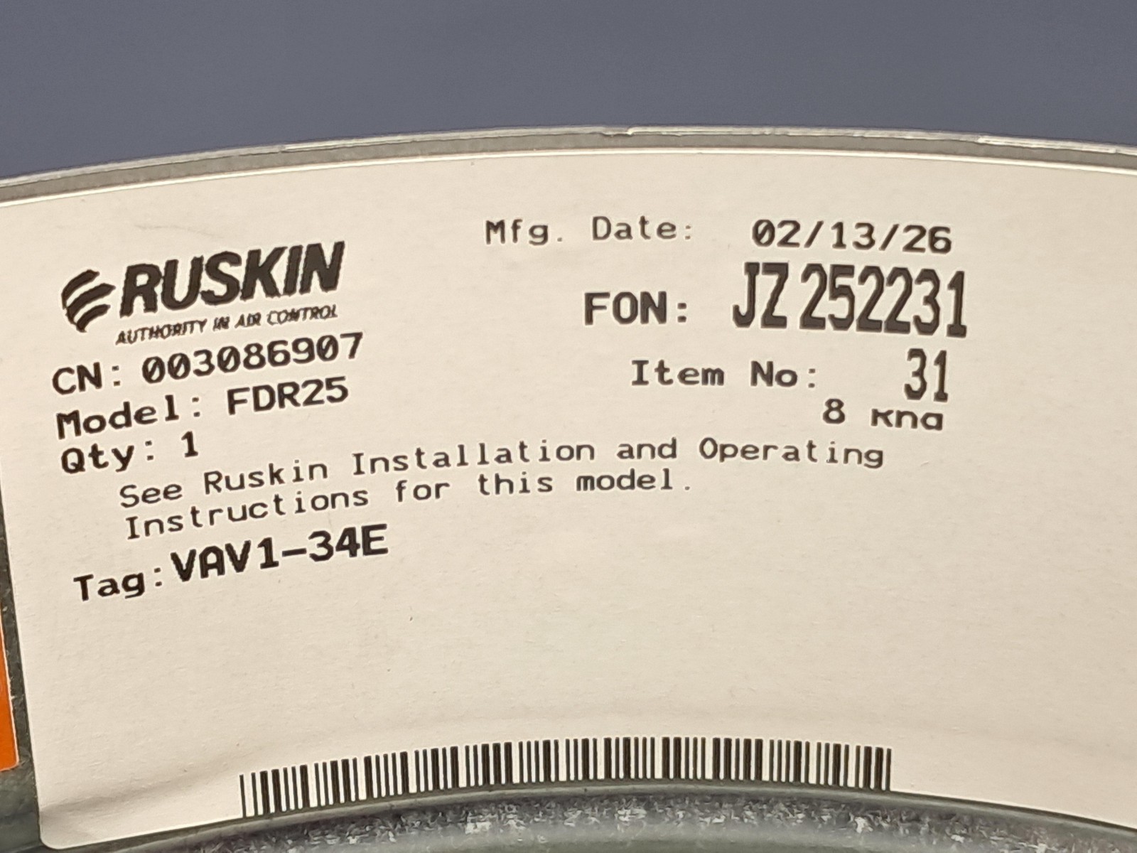 Ruskin – FDR25 – 8″ Round Fire Damper w/Cable – NEW